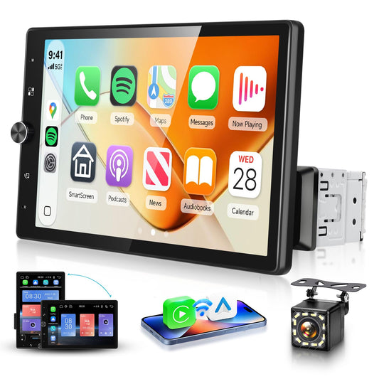 MAHVEC 10.4'' Single Din Car Stereo with Wireless CarPlay Android Auto, HD Rotation Touchscreen Radio with Bluetooth, USB, Mirror Link, SWC, Car Play, FM/RDS Radio, Backup Camera