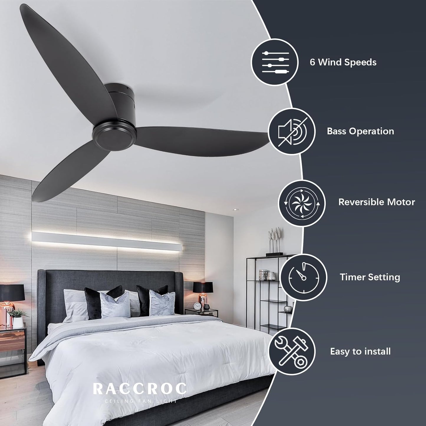 raccroc 52Flush Mount Ceiling Fan No Lights and Remote Control with 3 Black Reversible Blades Ceiling fan,6 Speed DC Motor Ceiling Fan (M3-Black 52in)