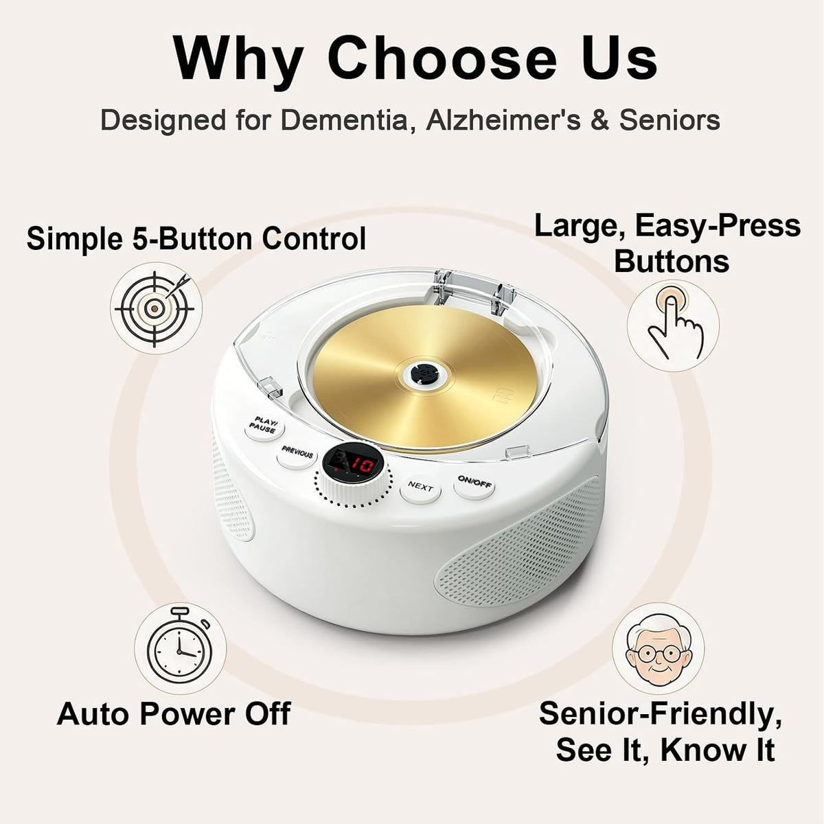 Simple CD Player for Dementia Alzheimer's Seniors, Large Buttons, Auto-Off