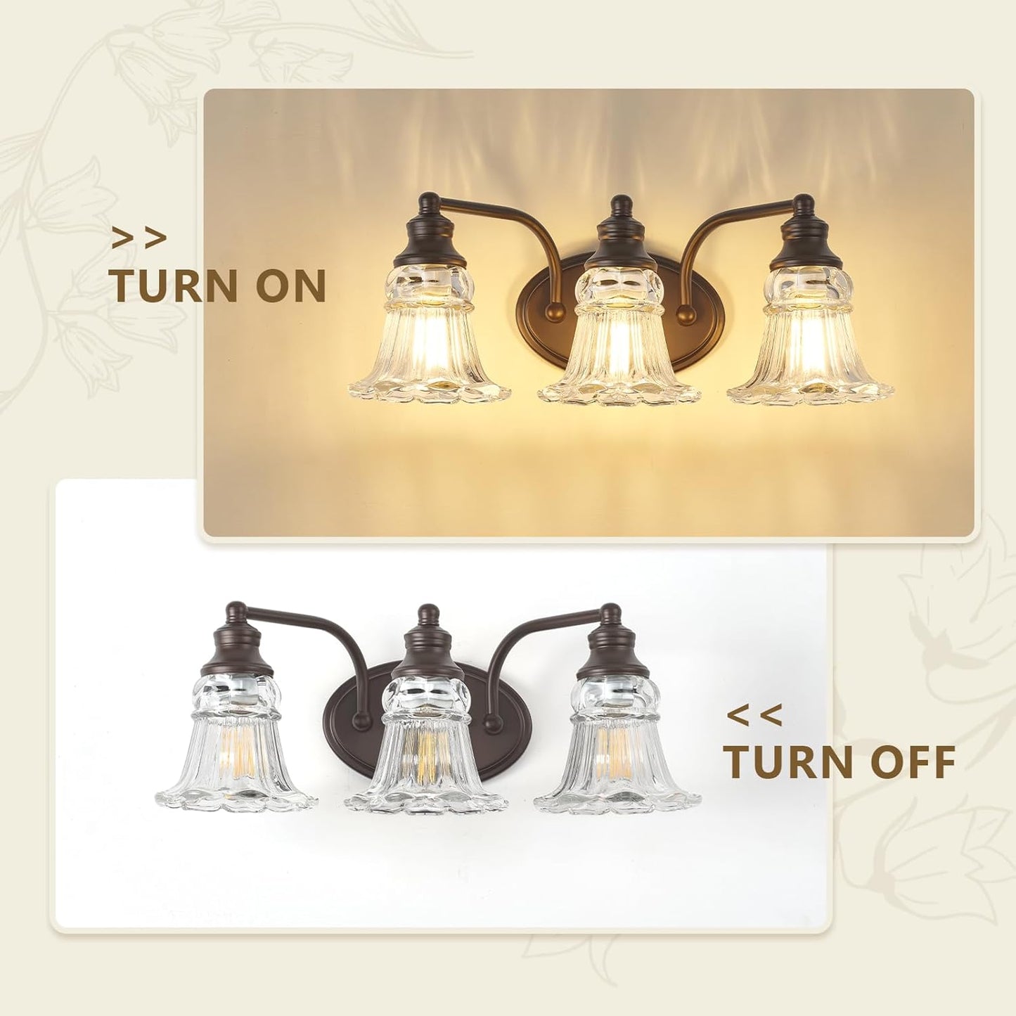 3-Light Bathroom Light Fixtures Over Mirror, Vintage Vanity Lights with Clear Floral Glass Shades, Oil Rubbed Bronze Oil-Rubbed Bronze 3-Light