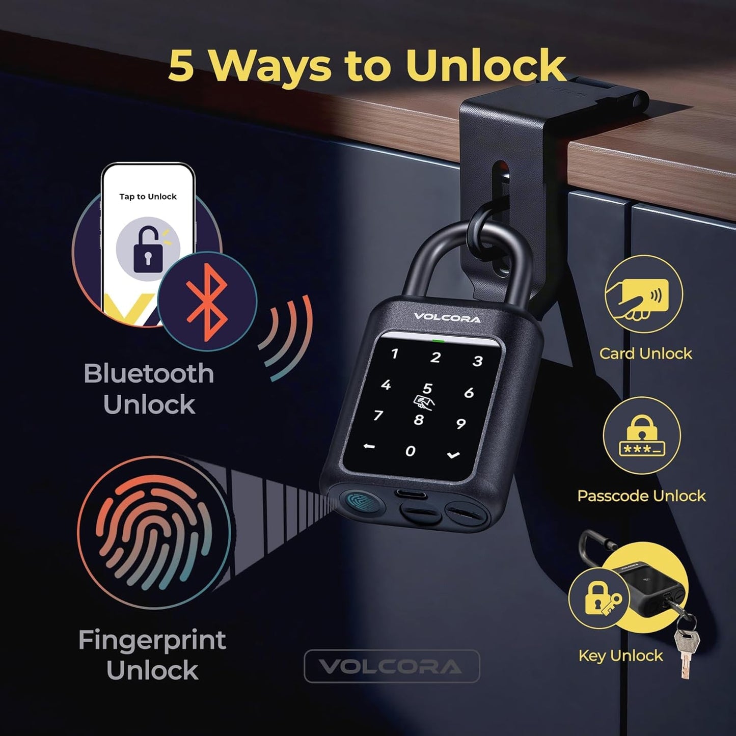 Volcora Fingerprint Padlock Smart Gym Locker Lock with Solar Panel, Electronic Digital Bluetooth App Smart Padlock with Keypad, Rechargeable Biometric Lock, Gate Lock, Short Shackle Short Shackle Padlock with Solar Panel