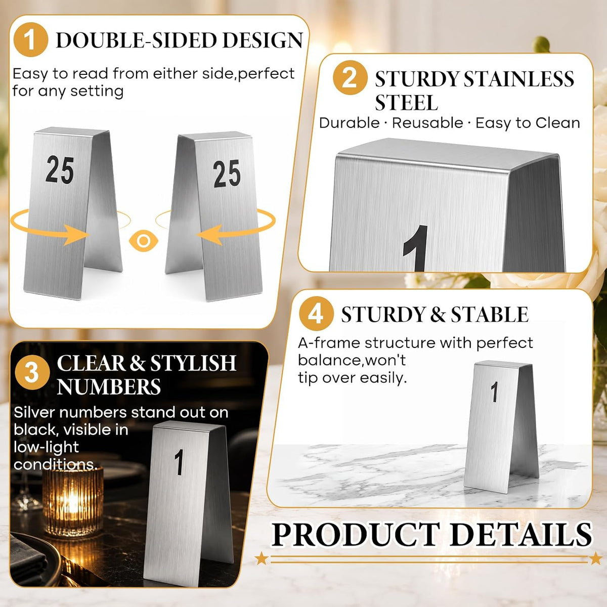Honeydak 1-25 Table Order Numbers Double Side Sliver Stainless Steel Signs