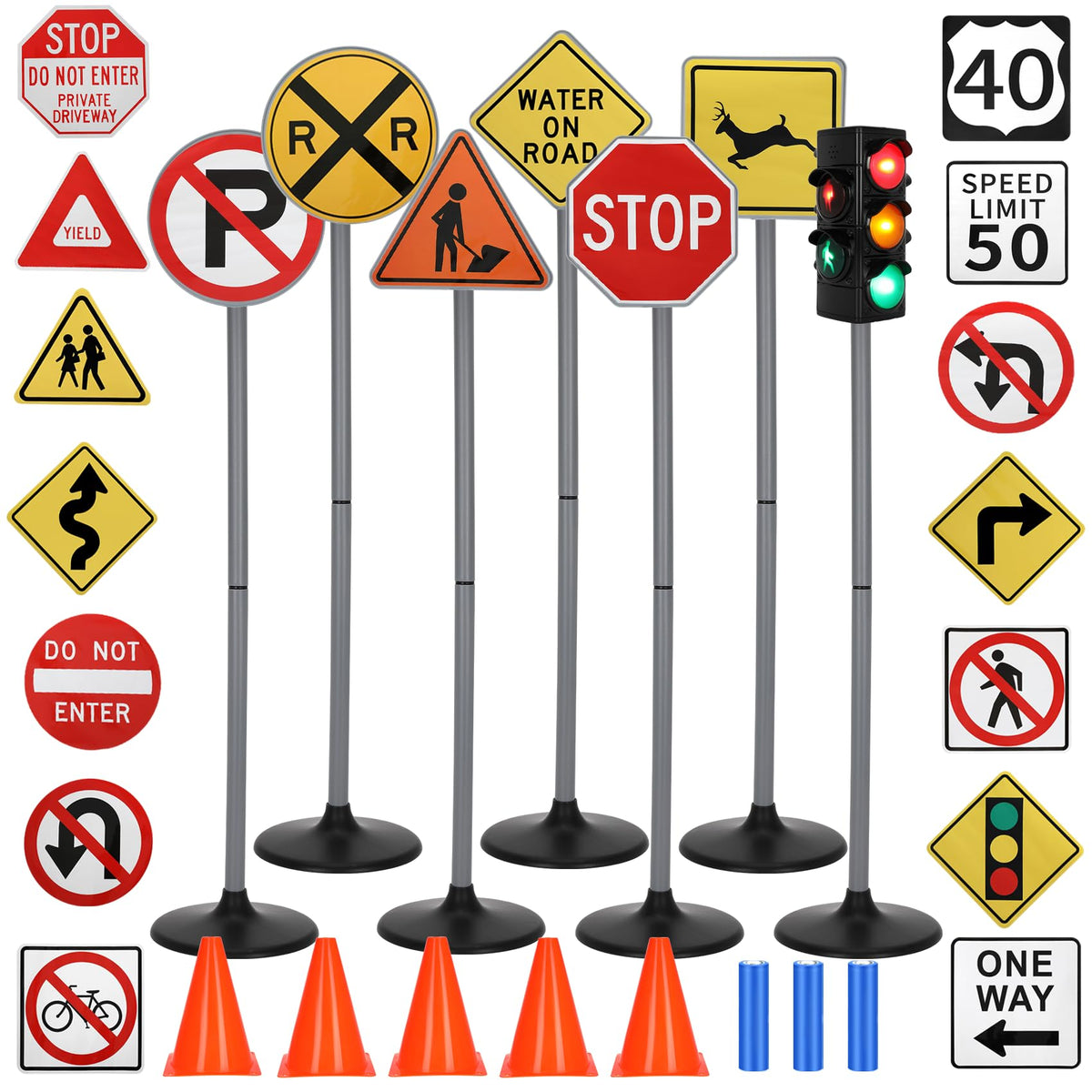 Large Traffic Signs Playset (36PC Set), 42in Tall Street Sign and Traffic Light Set for Kids, Educational Road Signs for Ride-On Cars, Bikes, Indoor/Outdoor Play