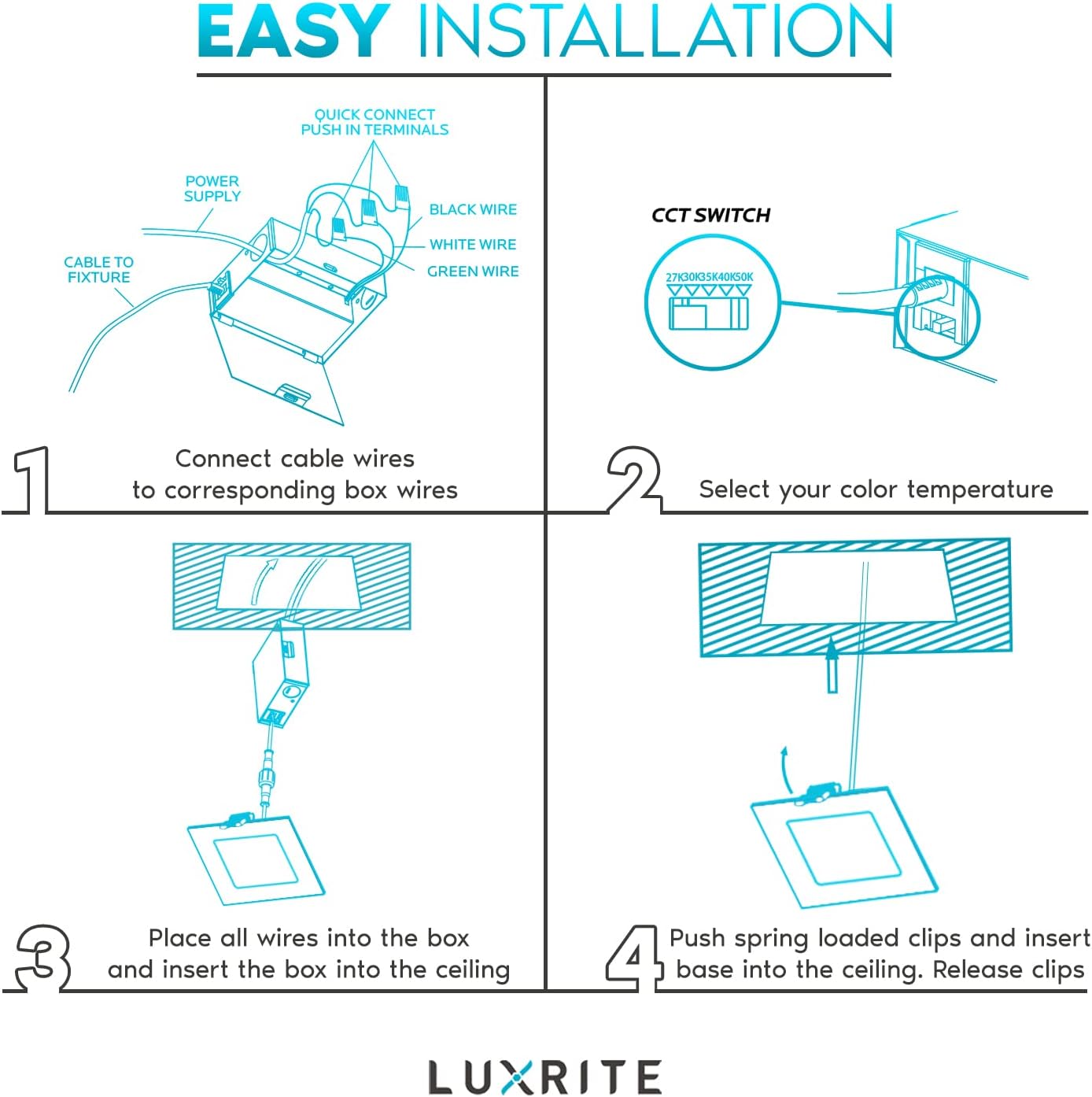 LUXRITE 6 Inch Ultra Thin LED Square Recessed Lighting with J-Box, 15W, 5 Color Selectable 2700K-5000K, 1400 Lumens, Dimmable LED Wafer Lights, High