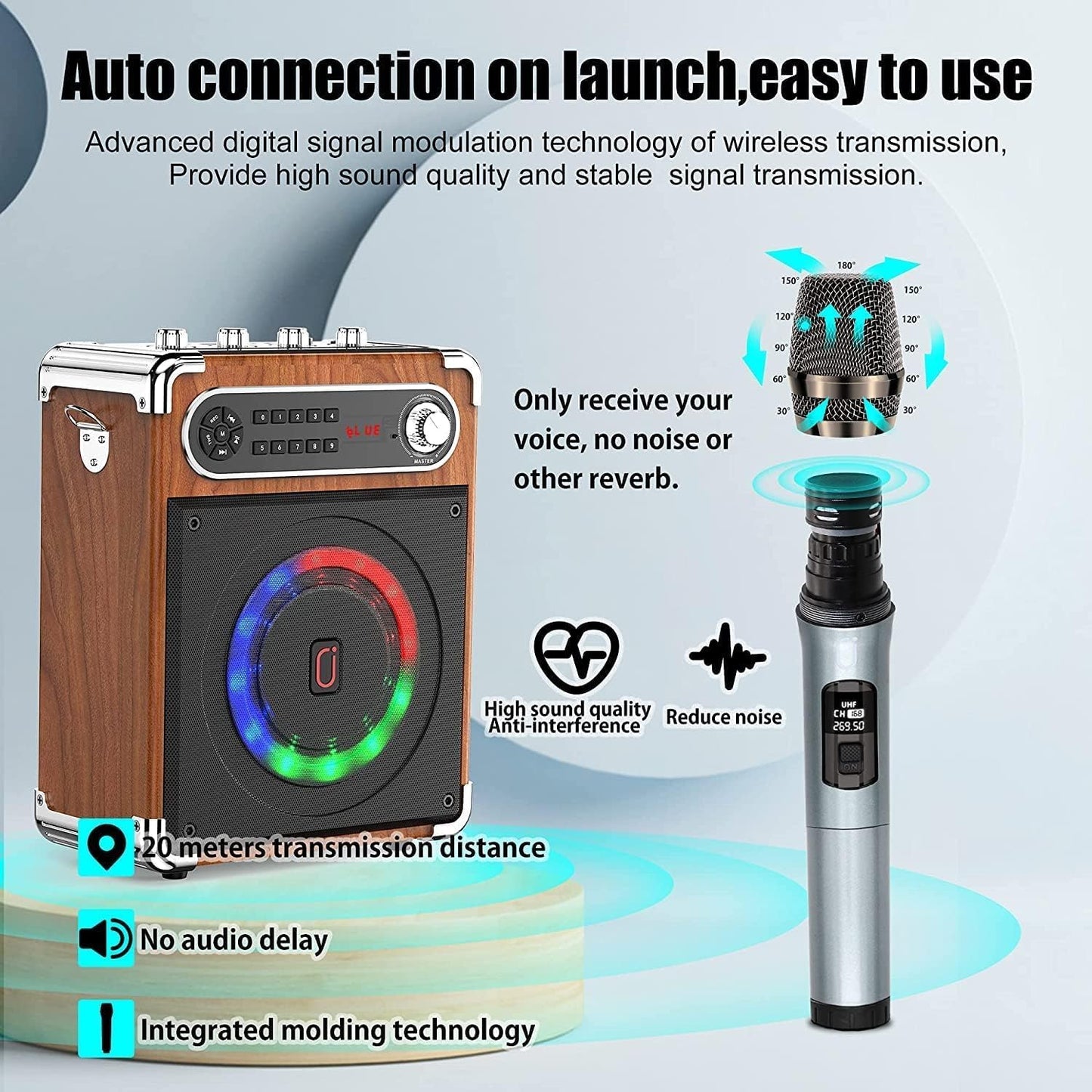 Karaoke Machine, Portable Bluetooth Speaker with 2 Wireless Microphones for Adults & Kids, Karaoke Microphone with PA System, Bass/Treble Adjustment,