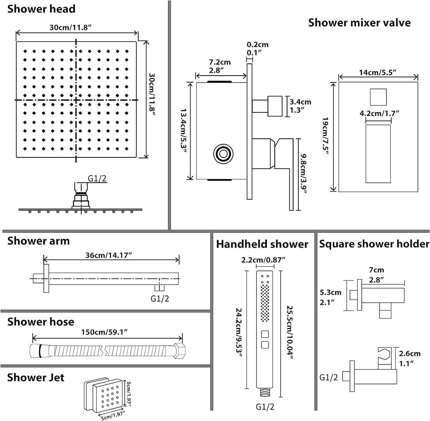 Rainfall Shower System with 4 Body Jets Wall Mounted 4 Mode Shower Faucet Set with 12 Inch Rain Shower Head and 2 in 1 Handheld Spray, Brushed Nickel