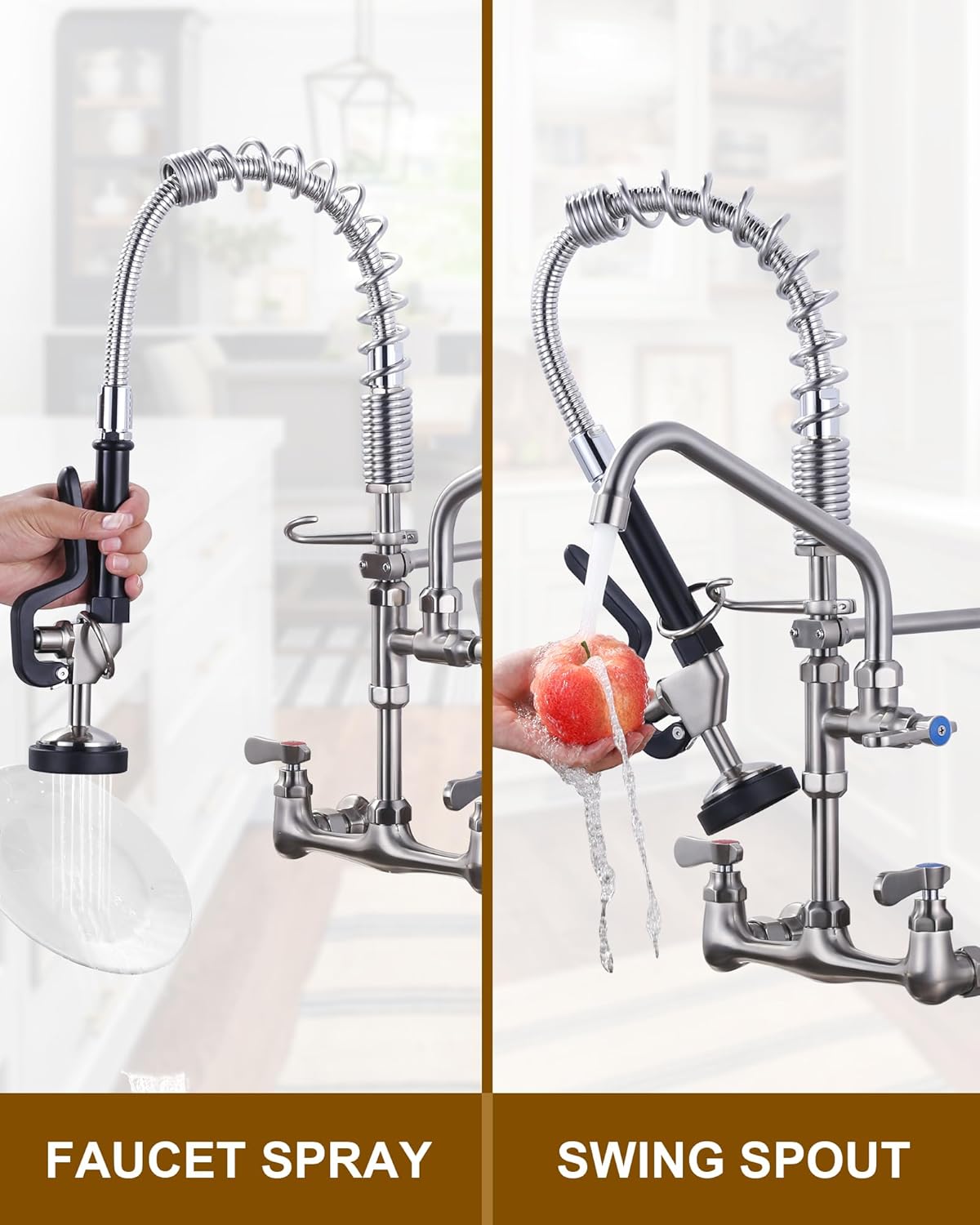 Commercial Kitchen Sink Faucet 21in, Wall Mount Kitchen Faucet with Sprayer, 3 Compartment Sink Faucet for Commercial Restaurant Kitchen