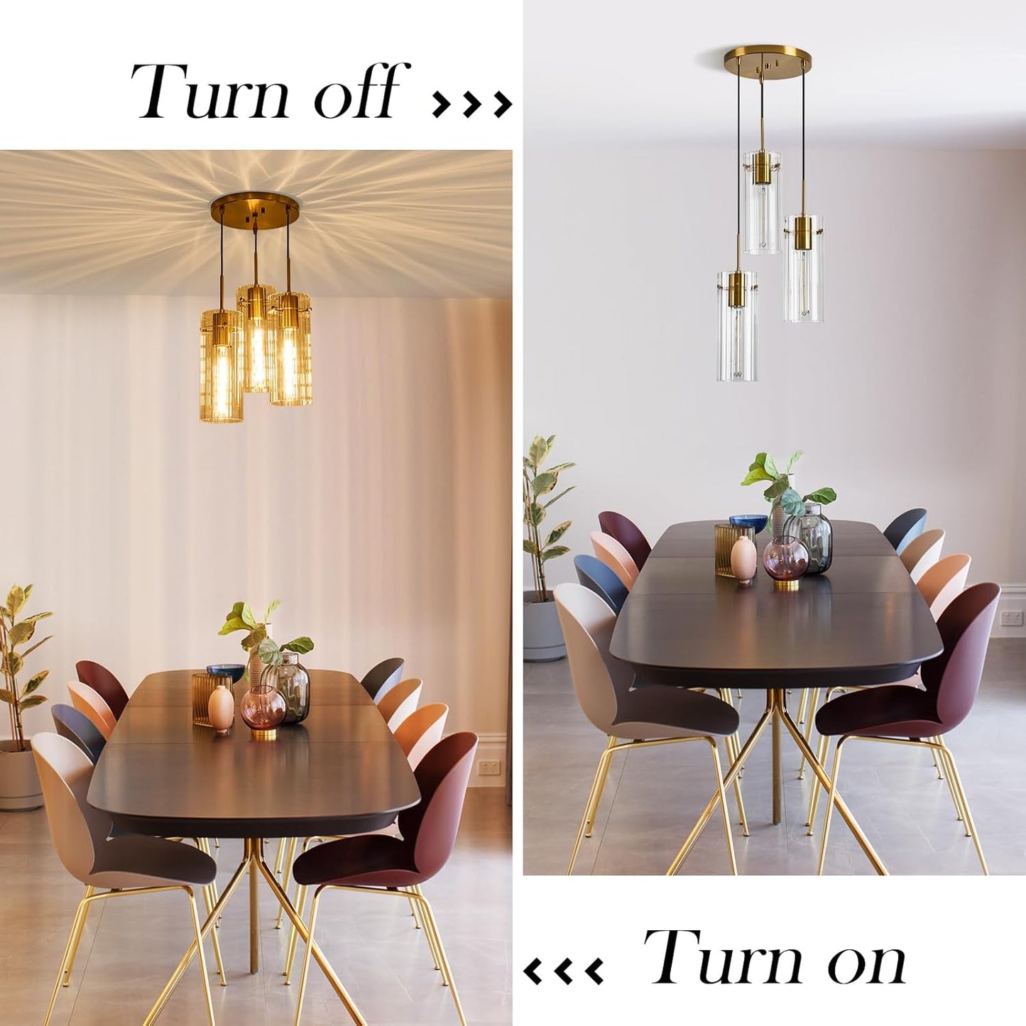 Brushed Gold Pendant Light Fixtures, 3-Light Modern Cluster Pendant Lights with Clear Striped Glass Shade, Farmhouse Brass Chandelier for Kitchen