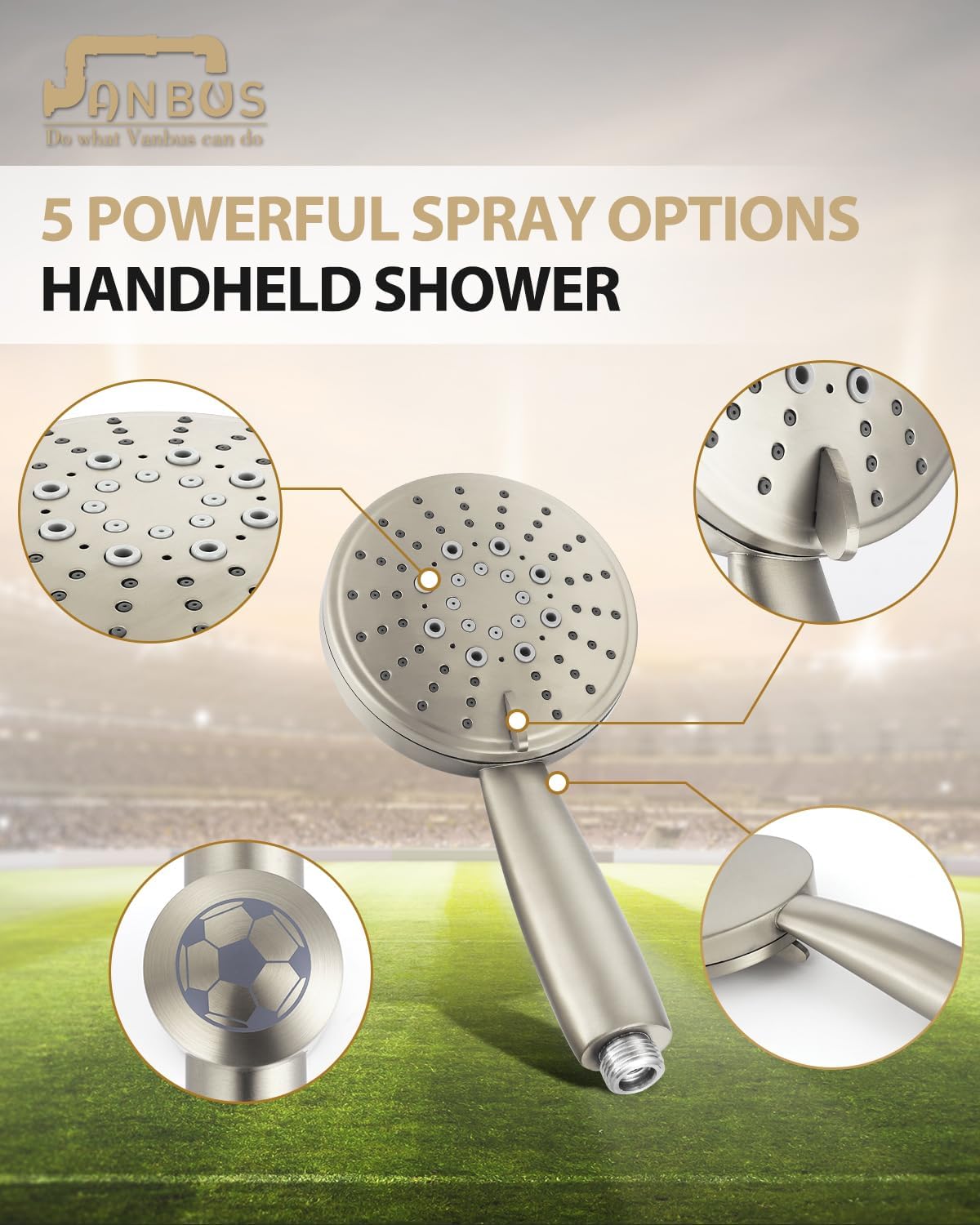 All Metal Shower Slide Bar System, 5-Function Handheld Shower Head with Slide bar, 304 Stainless Steel Hose with Brass