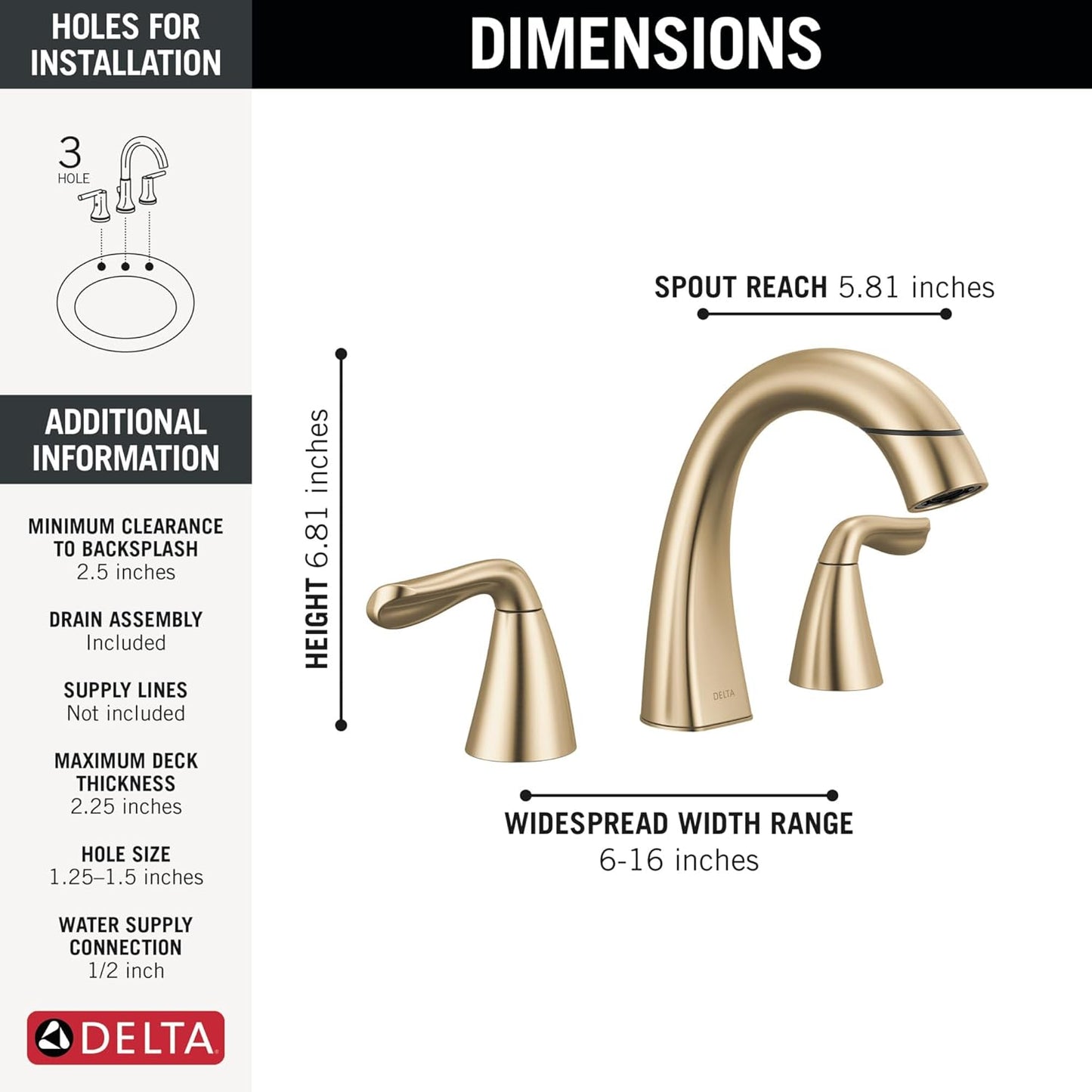 Faucet Arvo Pull-Down Widespread Bathroom Faucet, Gold Bathroom Sink Faucet, Bathroom Faucet with Pull Out Sprayer, 3-Hole Bathroom Faucet, Champa