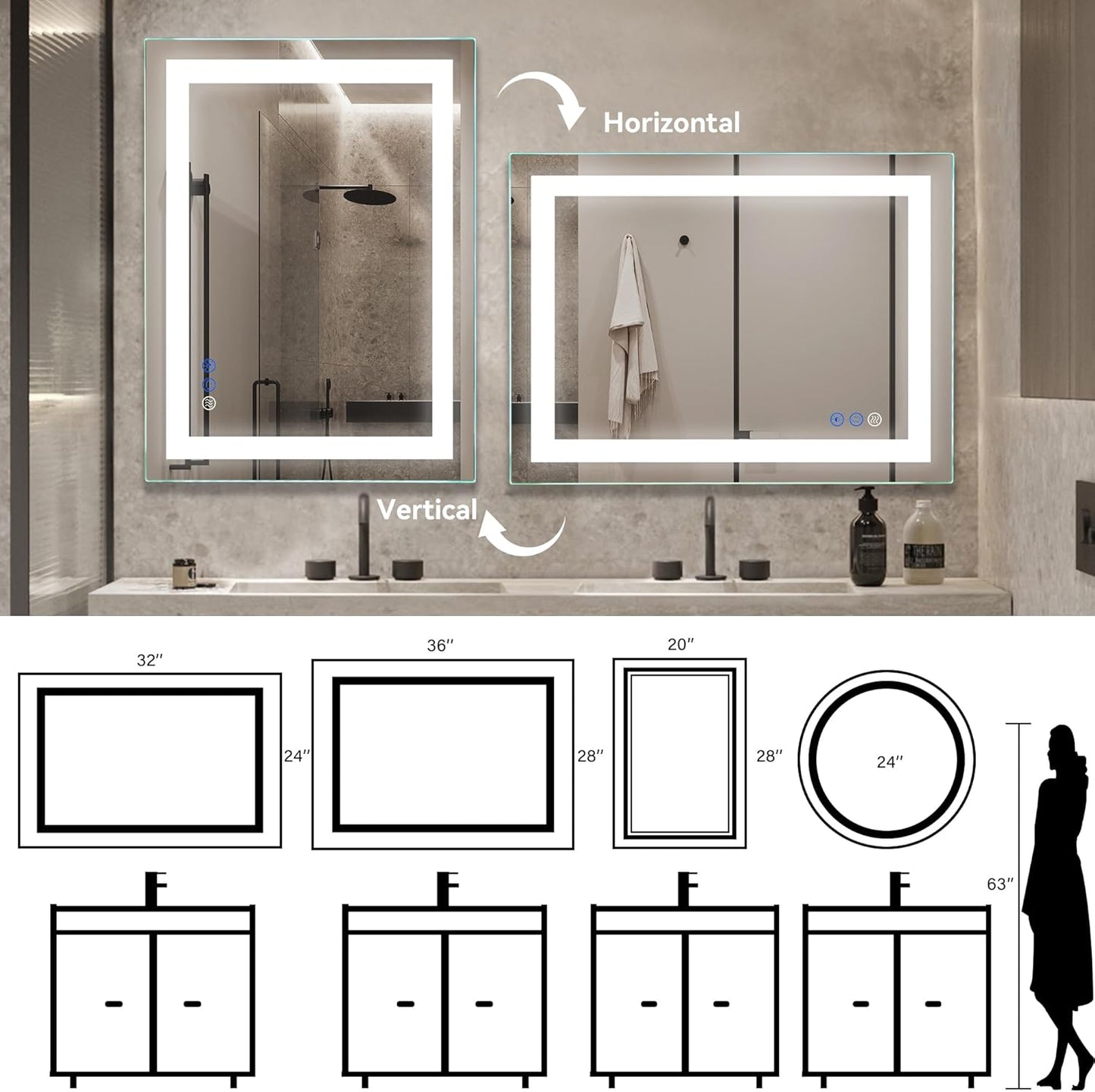 36x28 inch LED Mirror, Bathroom Vanity Mirror with Light, Wall Mounted Vanity for Bathroom Makeup, Stepless Dimmable and Color.