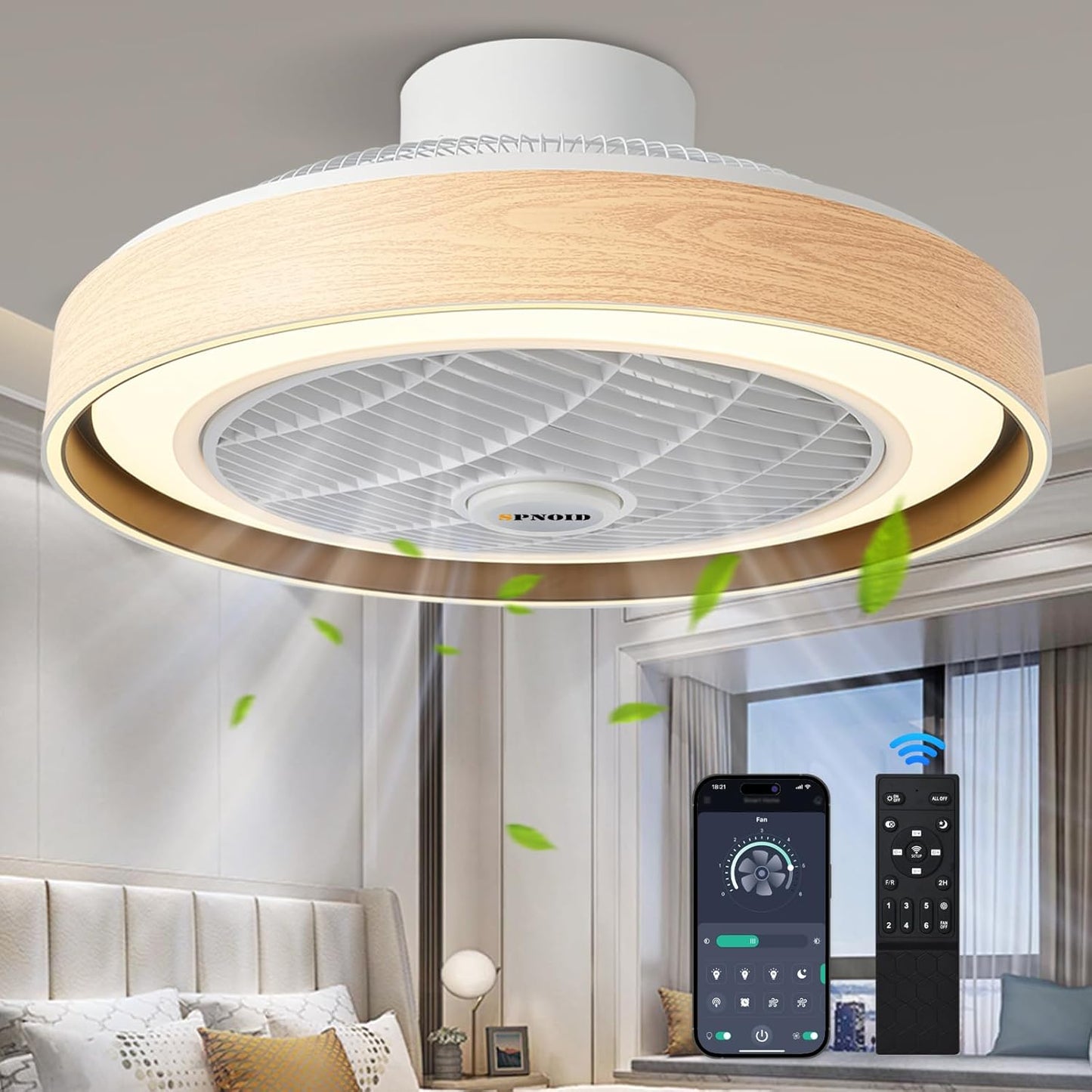 Spnoid Ceiling Fans with Lights and Remote, 20' Low Profile Flush Mount Ceiling Fan with Light 3 Colors 6 Wind Speeds Enclosed Ceiling Fan Light