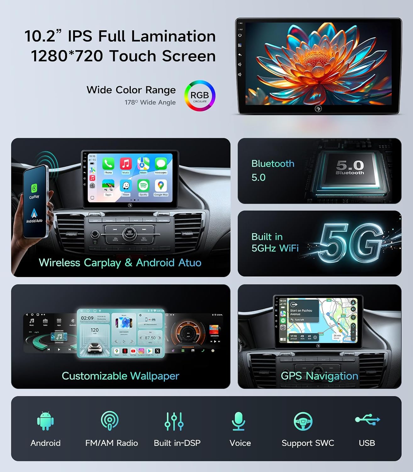 Car Radio Stereo for Honda Accord 2013 2014 2015 2016 2017 10.2 Inch IPS HD Touch Screen Wireless CarPlay Android Auto, GPS FM/SWC Bluetooth Steering Wheel Control
