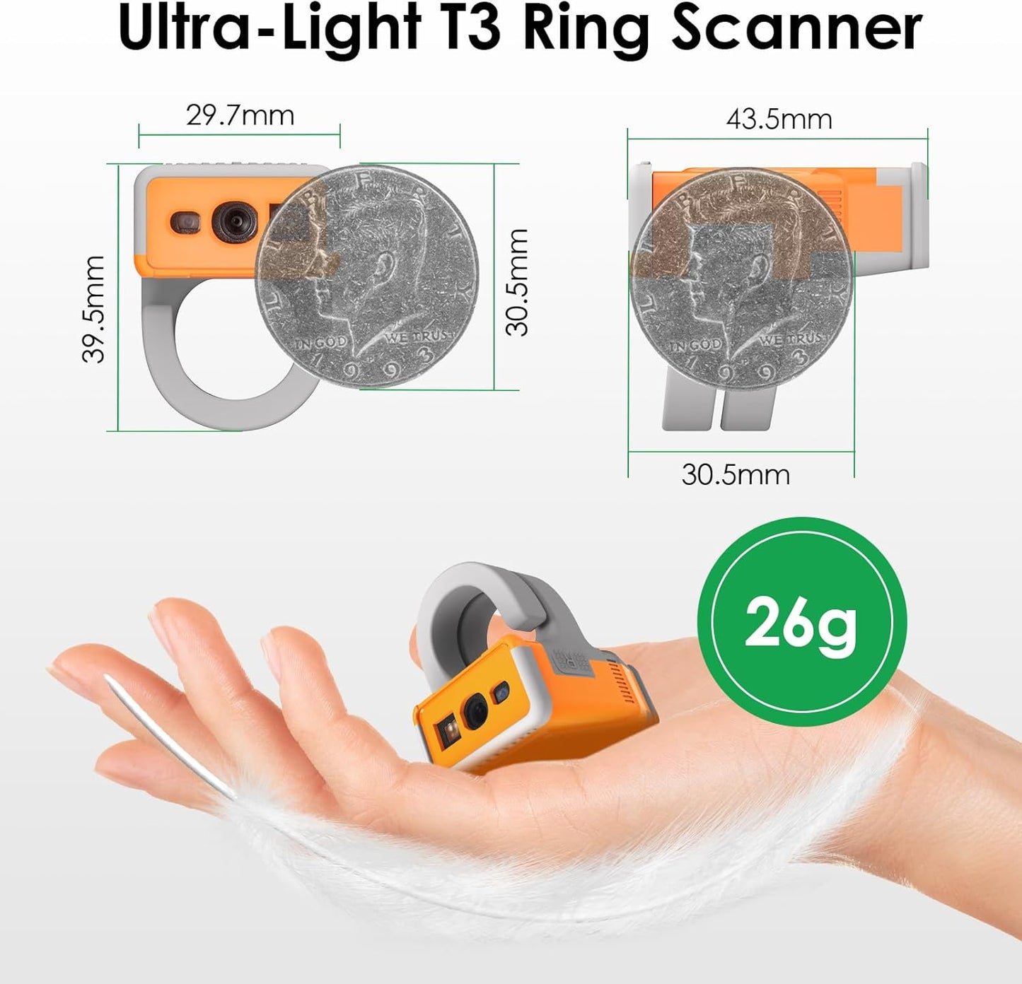 Ultra-light Tiny Ring Scanner T3 2D Wearable Barcode Scanner Bluetooth Barcode Reader Connecting with Gateway,with Battery Level Touch Button BLE Low