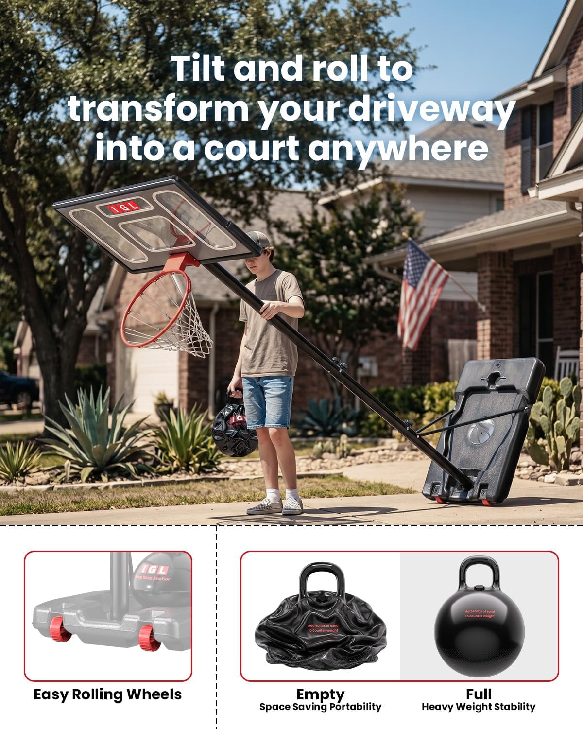 IGL Basketball Hoop Outdoor, 40" Portable & Adjustable Basketball Goal