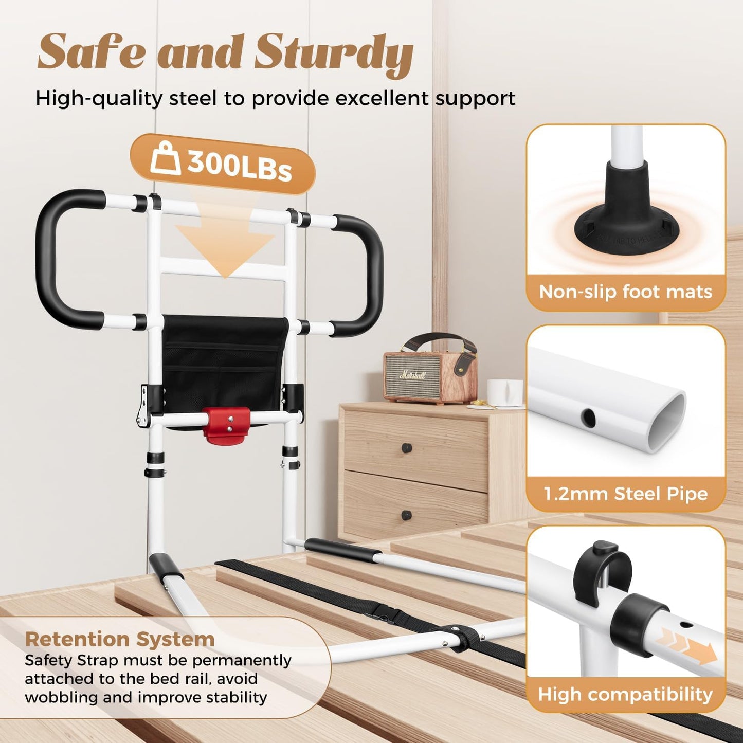 Folding Bed Rail for Elderly Adults with Motion Sensor Light, Adjustable Safety Assist Handle with Secure Straps, Heavy-Duty Bedside Support, Fits Bed Frames 13.58–19.88 in