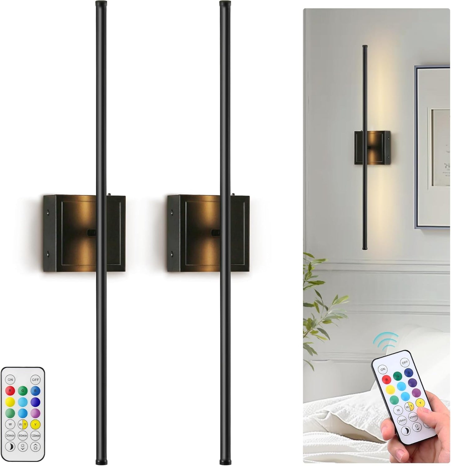 Battery Operated Wall Sconces set of 2, 6000mAh Rechargeable Wall Sconce not Hardwired, 350Rotate,3CCT Dimmable Wireless Wall Sconce, RGB, Sconce