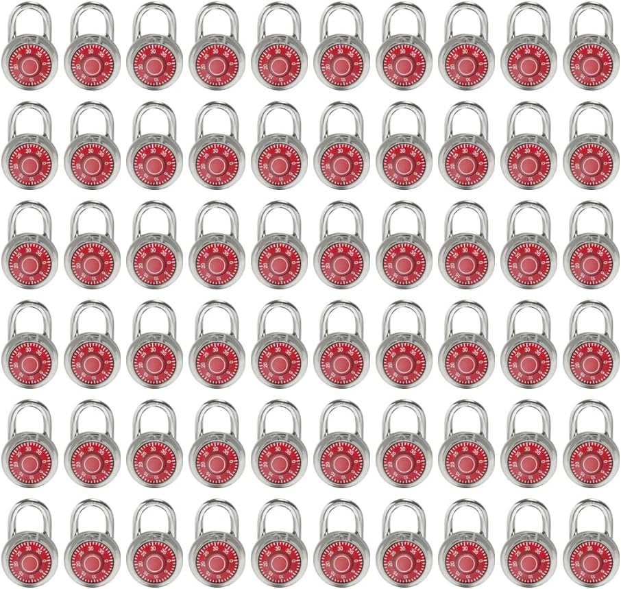 LanuBe Standard Dial Combination Lock, 2 in. Wide, with Different Combinations, Red Turnplate, Pack of 60; Lock for School, Employee, Gym Sports