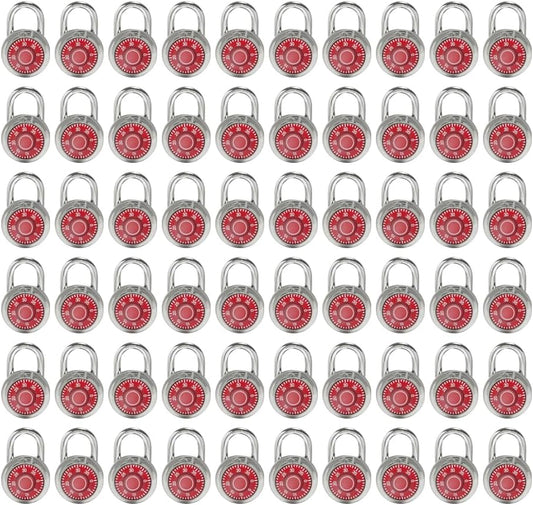 LanuBe Standard Dial Combination Lock, 2 in. Wide, with Different Combinations, Red Turnplate, Pack of 60; Lock for School, Employee, Gym Sports