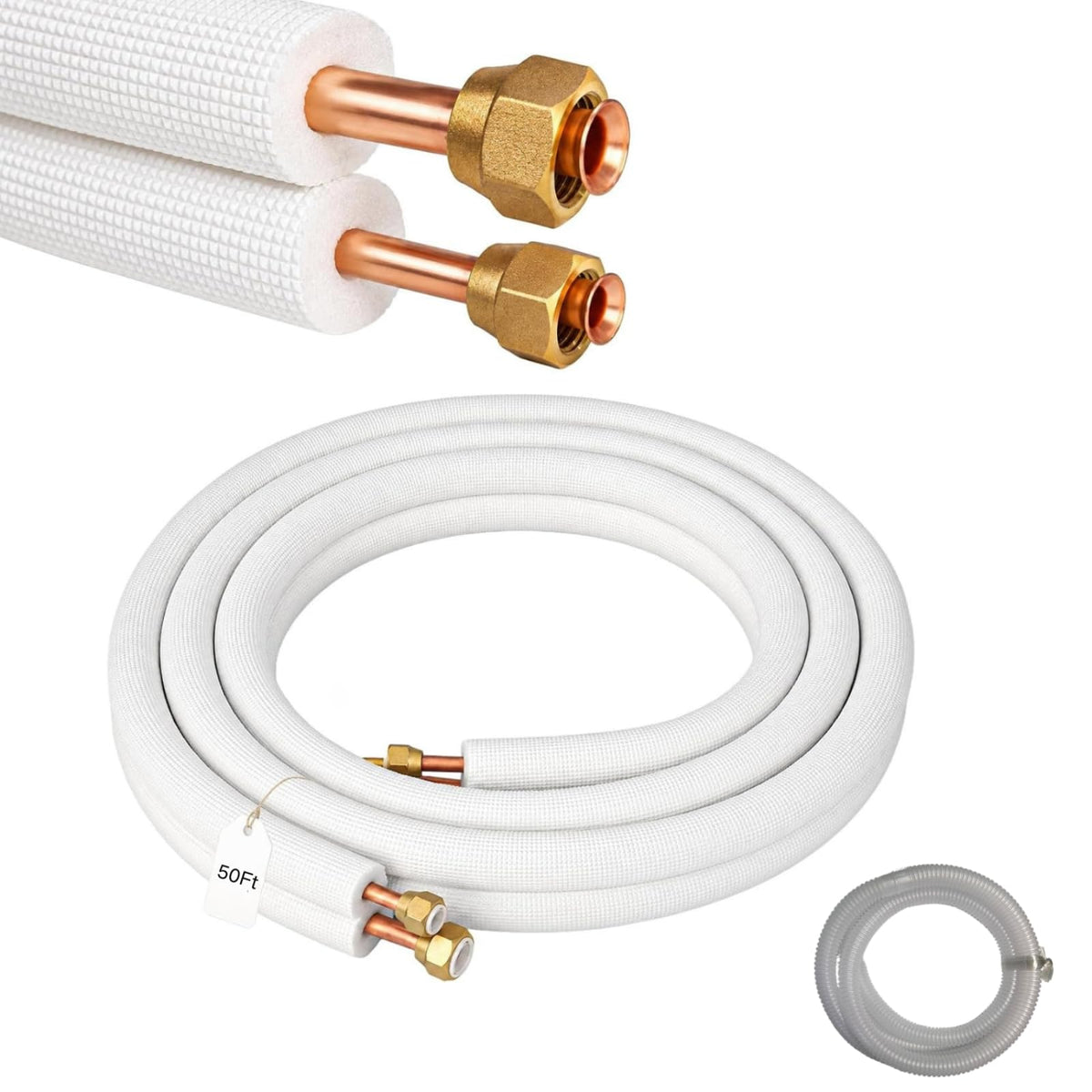 50 Ft Mini Split Line Set, 1/4" & 3/8" OD Flared Copper Tubing Pipes and 3/8" Thickened PE Insulated Coil with Nuts & Kit for Mini Split Air Conditioner & Heat Pump System
