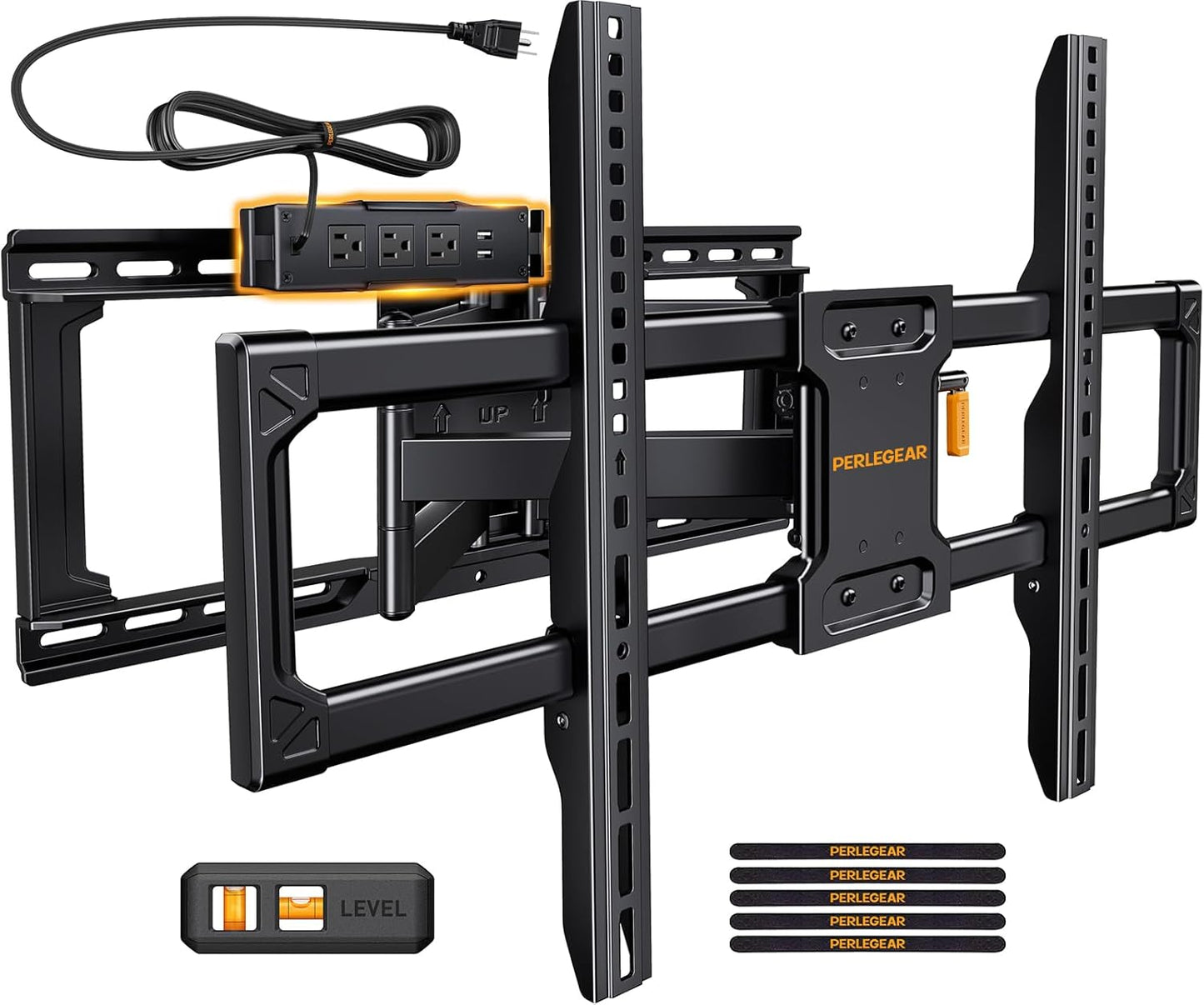 Full Motion TV Wall Mount with Power Strip for 4290 Inch TVs up to 150 lbs, Pre-Assembled TV Mount Has Smooth Swivel, Tilt, Extension, Max VESA