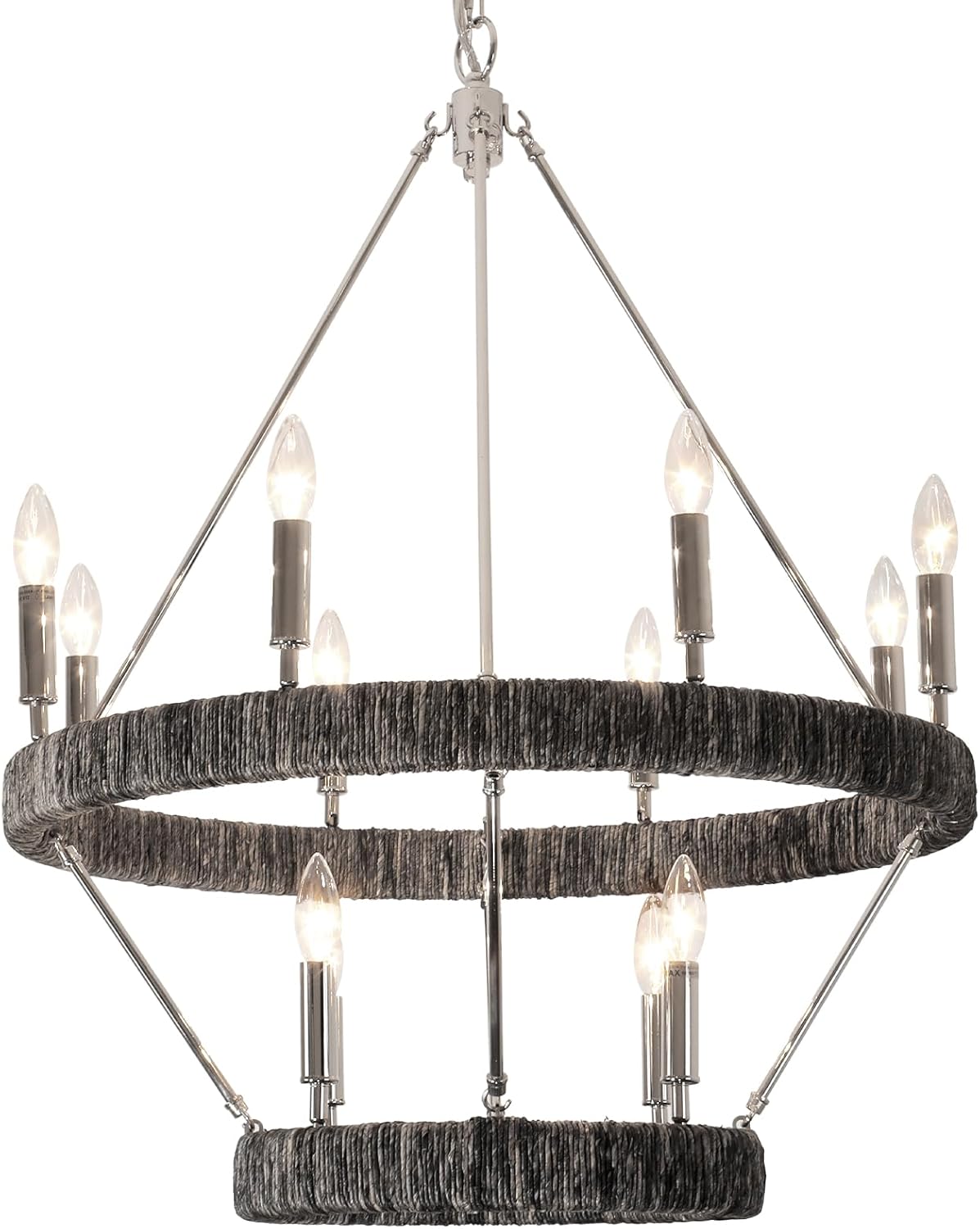 Vezzio 2 Tier Wagon Wheel Chandelier, 12-Light Black Dining Room Light Fixture, Farmhouse Chandeliers for Dining Room Living Room Foyer Entryway Dia