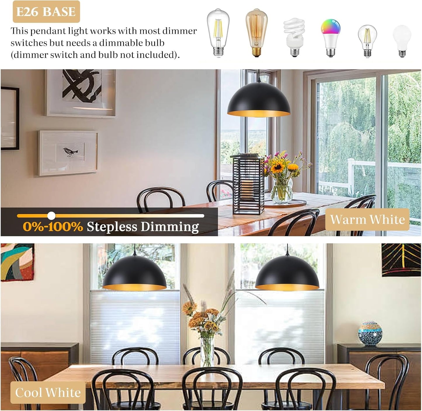 Black Pendant Lights for Kitchen Island, 15.7 Inch Black and Gold Dome Pendant Light