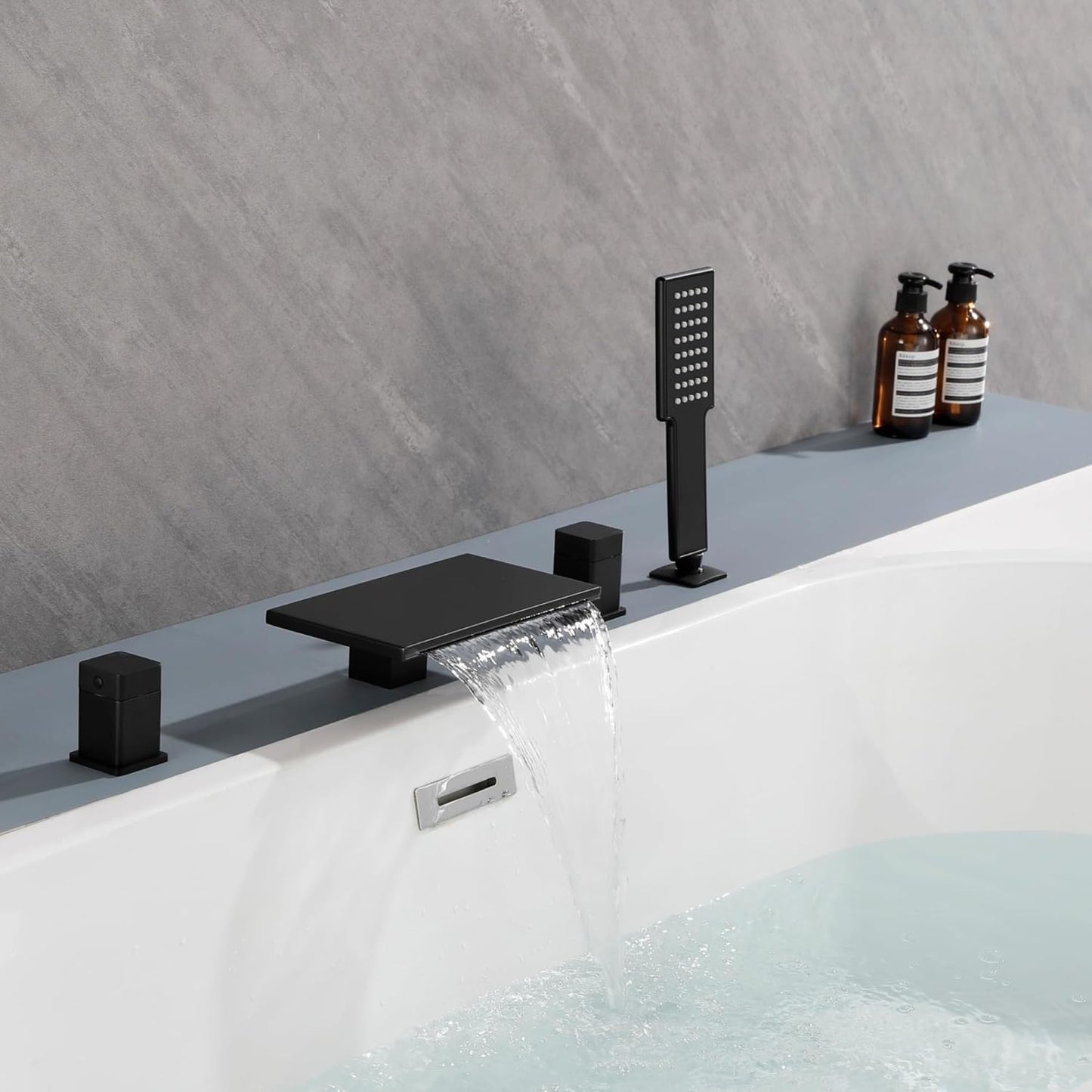 Waterfall Bathtub Faucet set with Hand Shower, 9 Inch Roman Tub Faucets Deck Mount Matte Black Tub Faucet set Brass