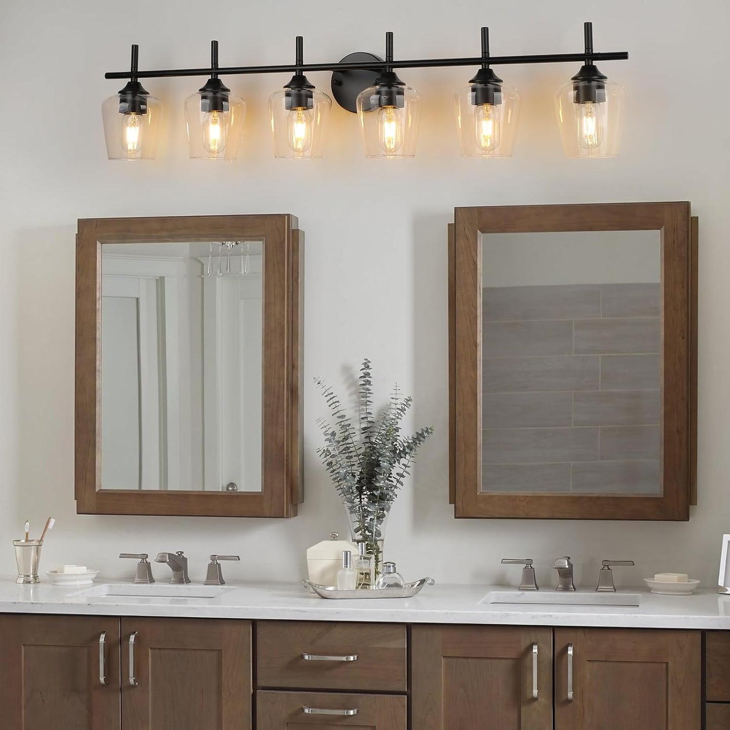 6-Light  Industrial Matte Black Bathroom Vanity Light Fixtures with Clear Glass Shades,