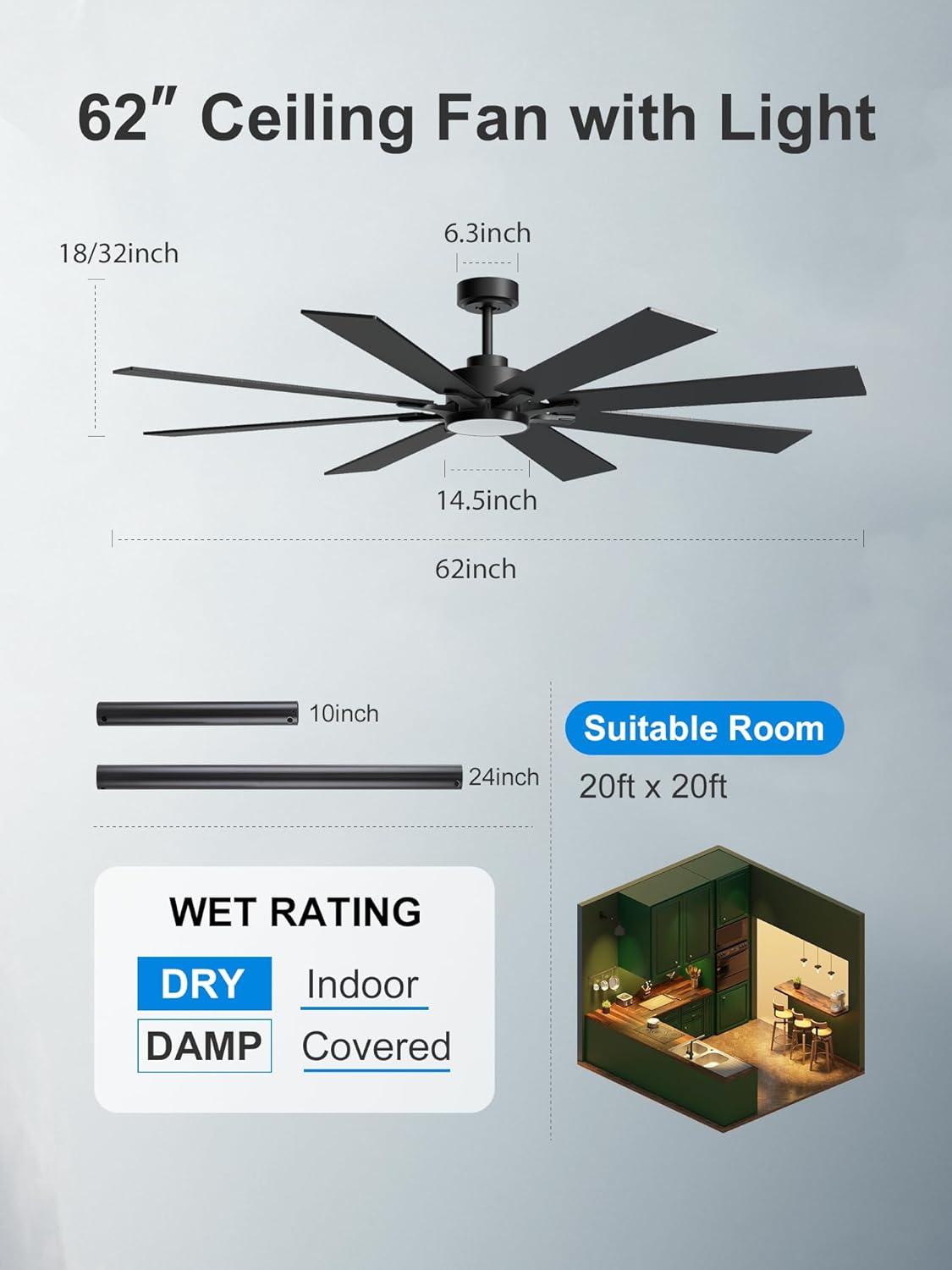 62 Inch Ceiling Fans with Lights Modern Industrial Ceiling Fan with Quiet DC Motor Black Indoor/ Outdoor Ceiling Fan with Remote, 5CCT Dimmable,