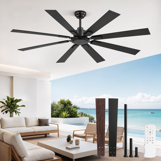 ZMISHIBO 65 Inch Outdoor Ceiling Fans No Light with Remote, Damp-Rated Black Modern Ceiling Fan Without Light, 6-Speed Reversible DC Motor, Humidity-Resistant 8 Blades for Patio Porch Gazebo Garage Black 65 Inch