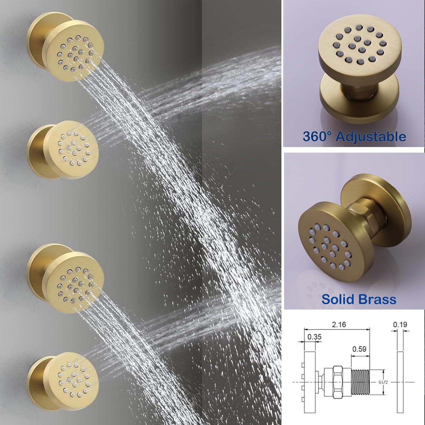 HONGTONGSOWER Brushed Gold Slide Bar Rainfall Shower System Wall Mount 12 Inch Round Digital Temperature Display Display Shower Faucets Sets With 4