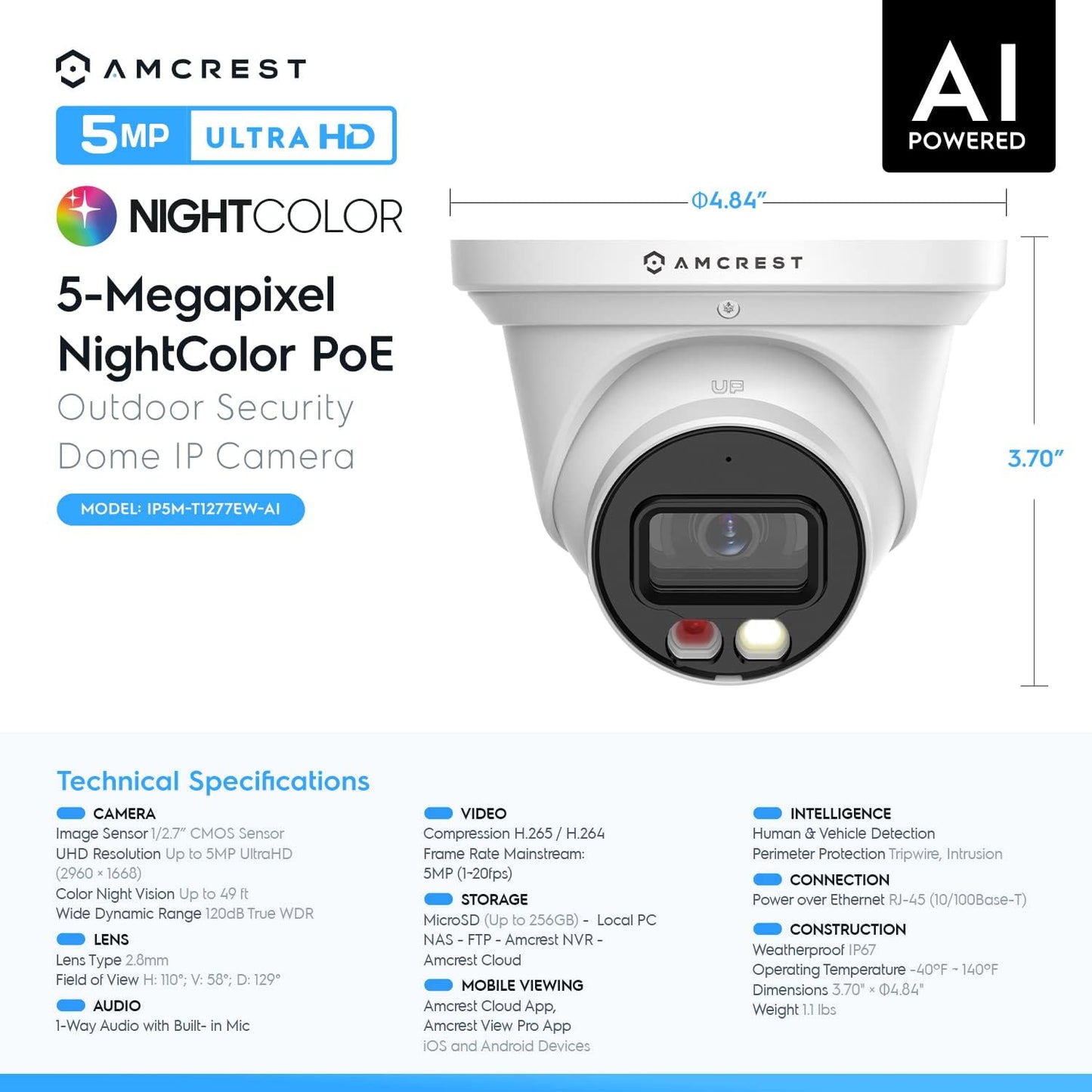 Amcrest 2PACK 5MP IP PoE AI Camera w/ 49ft Color Night Vision, Security Outdoor Turret Camera, Built-in Mic, 2X 60ft Cat6E Cable, Active Deterrent,