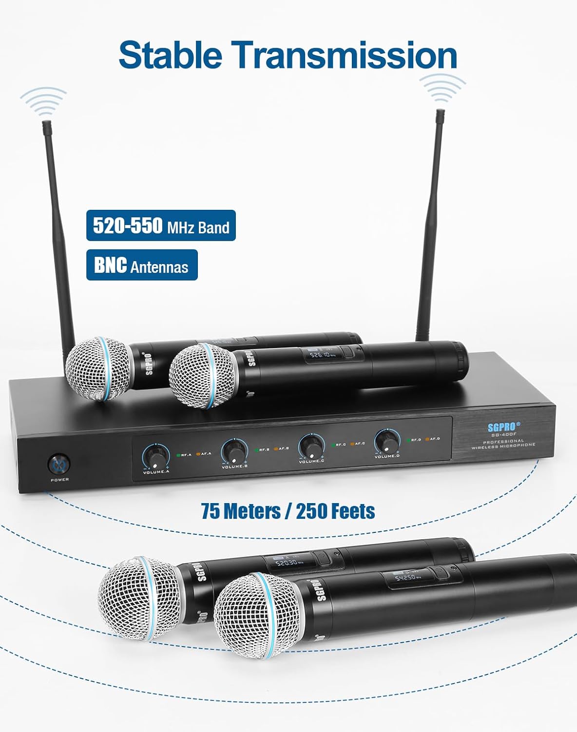 SGPRO 4-Channel Wireless Microphone System - 250Ft Range, Metal Mics & Receiver, Fixed Frequency Cordless Microphone