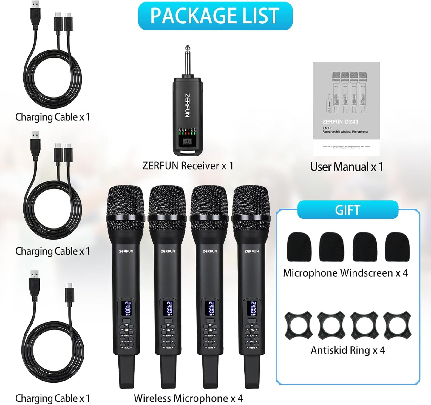 Rechargeable Wireless Microphones 4, Pro Handheld Cordless Mics System Dynamic with Echo Treble BASS VOL Contr