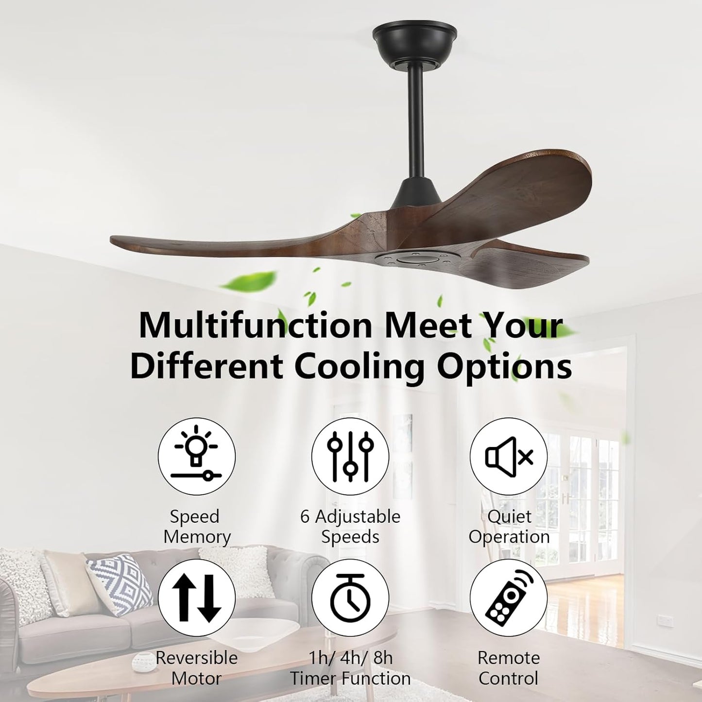 42'' Wood Ceiling Fan without Light,Large Airflow with Quiet Operation and Speed Memory Function,Outdoor Ceiling Fan Dark Walnut Finish for Bedroom,Living Room,Patio.
