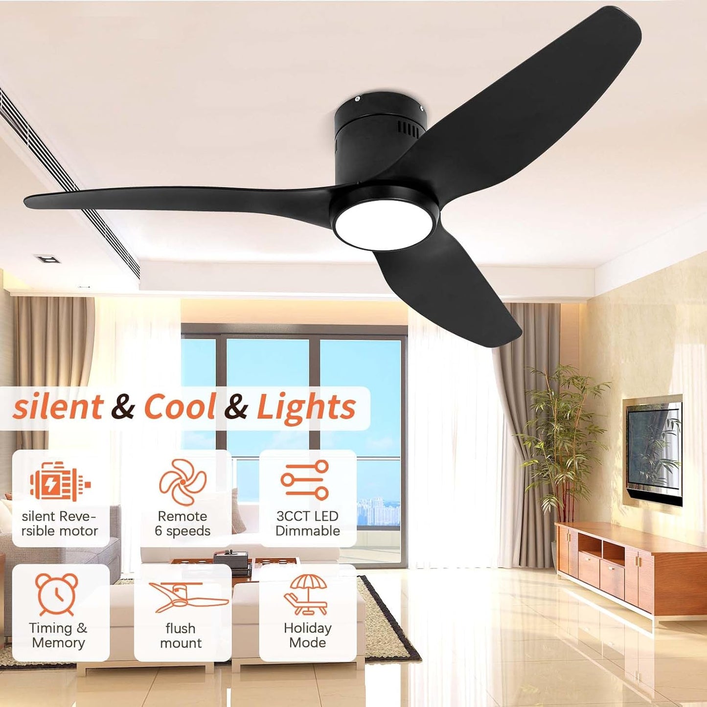 revoici Black Ceiling Fan with Light Remote 52in 6Speed Silent Motor 3CCT Dimmable LED Timer Memory Function Vacation Mode Plastics ABS Blades