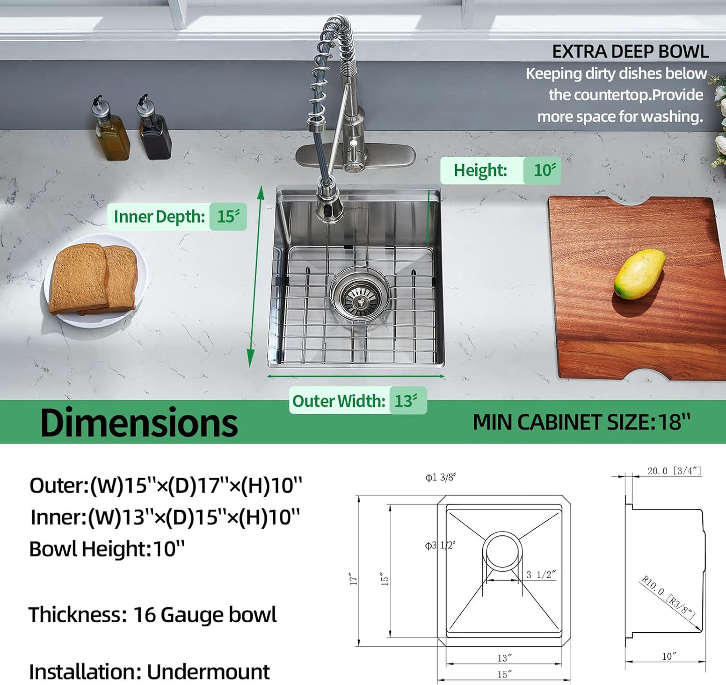 EcoChannels Undermount Kitchen Sink, 15 x 17 Inch Sink Kitchen 10 inches 16 Gauge Stainless Steel Kitchen Sinks Single Bowl Workstation Sink with