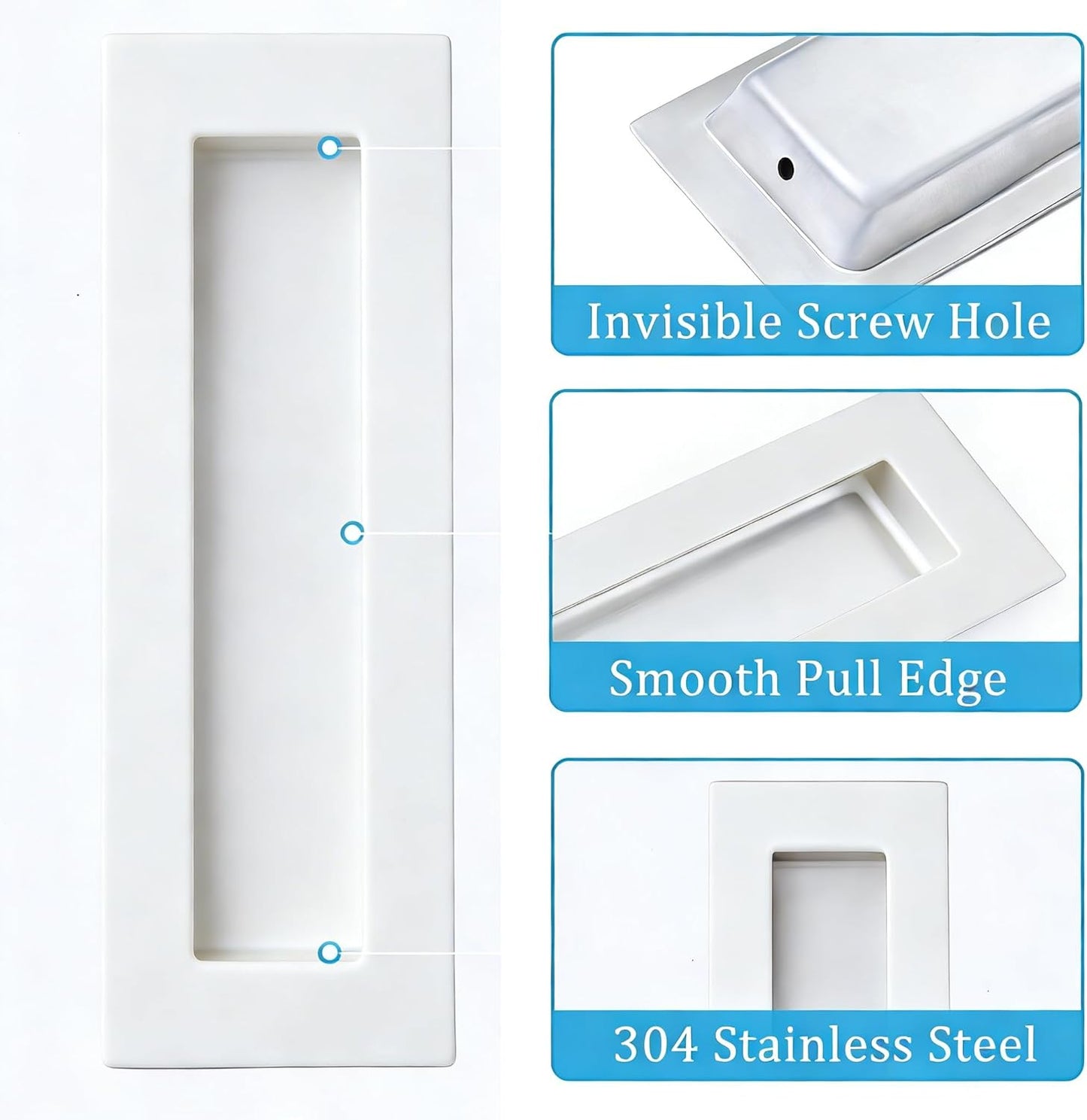 Dontay Sliding Pocket Door Handles, 304 Stainless Steel Non Locking Pocket Door Hardware, Recessed Flush Finger Pulls, Heavy Duty Edge Pull (4 Set, White, 4.72 Inch)