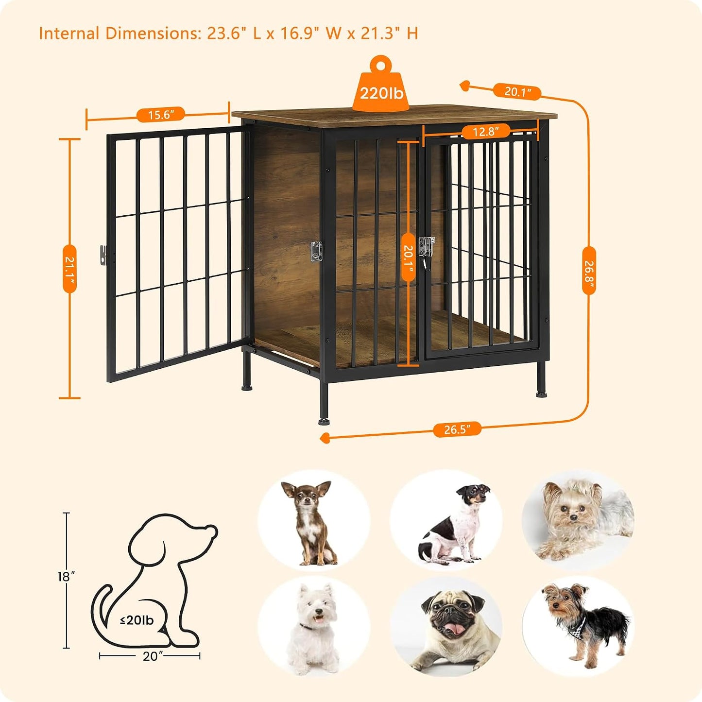 DWANTON Dog Crate Furniture, Heavy Duty Dog Crate, Indoor Dog House, Wooden Kennel Table as TV/Night Stand Side/End Table, Small Size, 26.5" L, Warm Brown Warm Brown 26.5"L x 20.1"W x 26.8"H