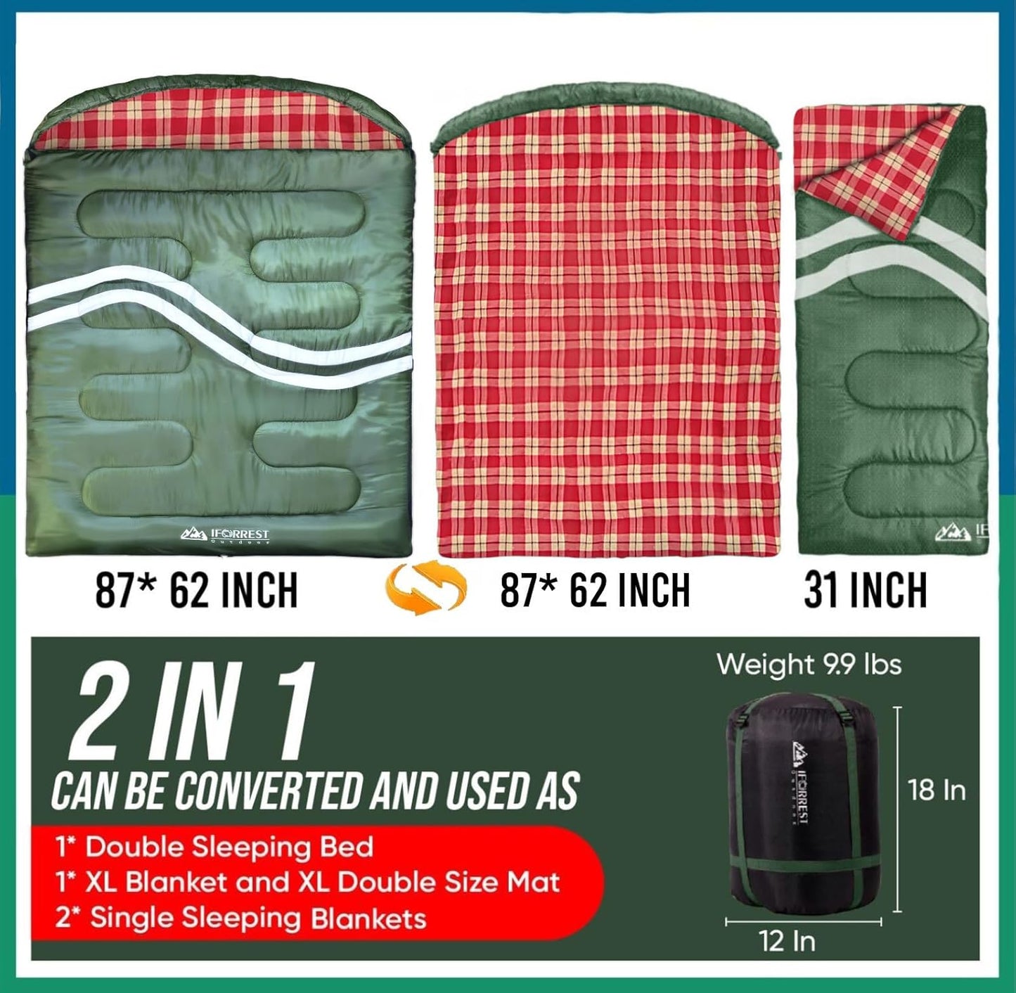 Cotton Flannel Double Sleeping Bag for Adults - 2 Person 10F Cold Weather Couples Camping Bed(All Seasons), Extra-Wide & Warm - Queen Sized XXL