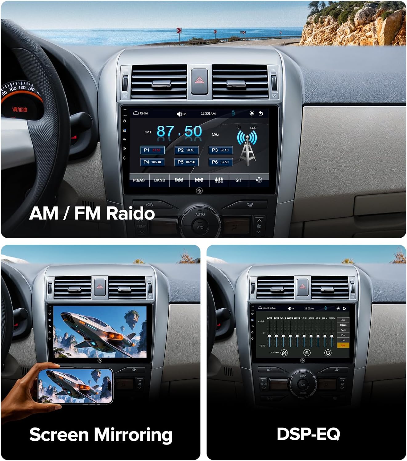 QLED Linux Car Stereo for Toyota Corolla 2008-2013, Fast Boot Wireless CarPlay & Android Auto Touch Screen Radio, Dash Kit Replacement with AHD 1080P Backup Camera, Bluetooth, SWC, AM/FM
