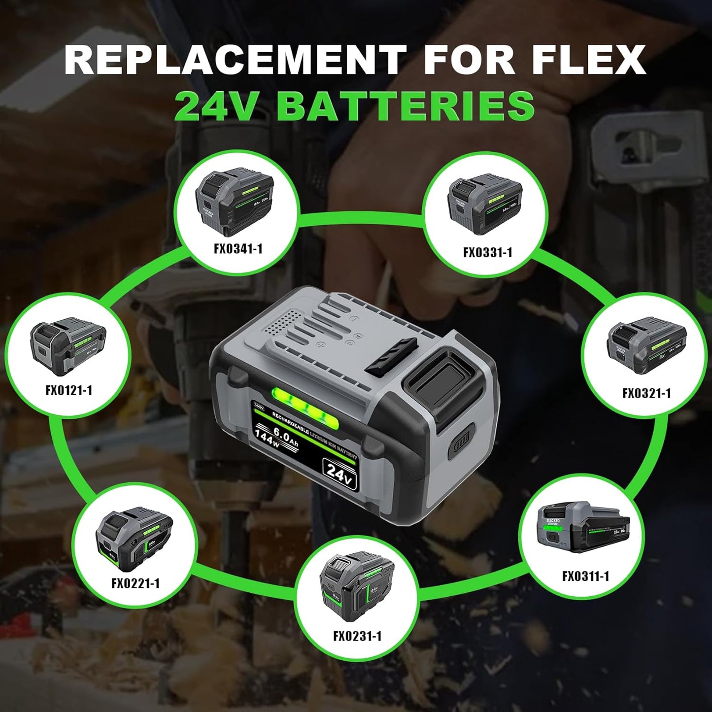 2 Packs FX0331-1 6.0Ah Replacement for Flex 24v Battery FX0221-1 FX0231-1 FX0311-1 FX0321-1 FX0341-1 FX0121-1, Compatible with Flex 24 Volt Power Tools & Chargers FX0421 FX0411 FX0431 FX0451 FX0411-1C