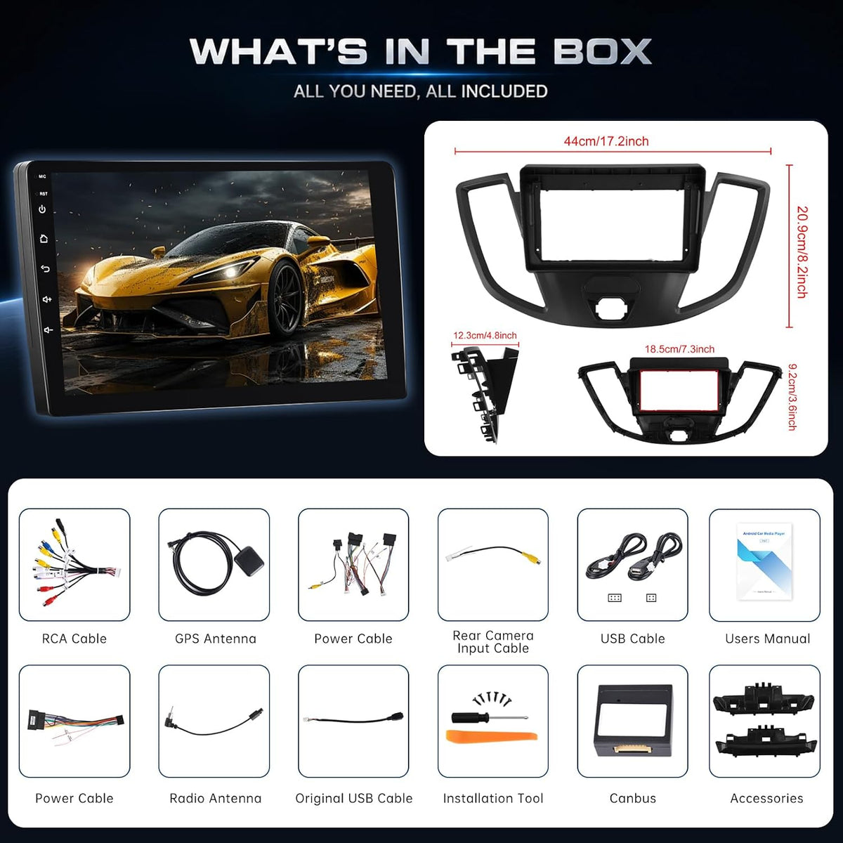 [4G+64G] Car Radio for Ford Transit 150 250 350 2015-2019 | 9 inch Android Touchscreen Stereo with Carplay / Android Auto, GPS, WiFi, Bluetooth, SWC, FM/RDS, EQ, FM/RDS Radio