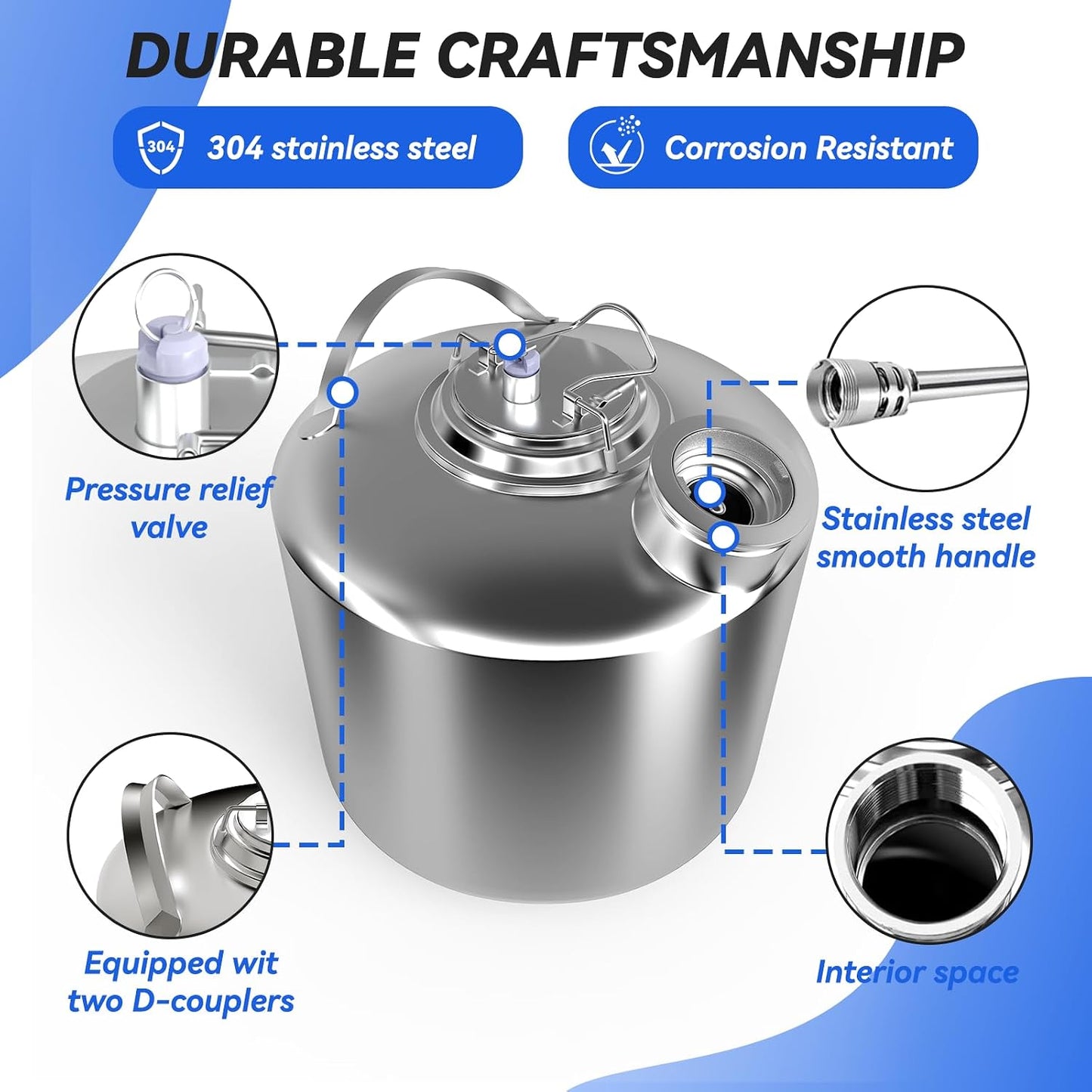 1.6 Gallon / 6 L Kegerator Cleaning Kit, 304 Stainless Steel Beer Line Cleaning Can with a D Couplers and Non-Slip Gloves 1.6 gallon (6L)