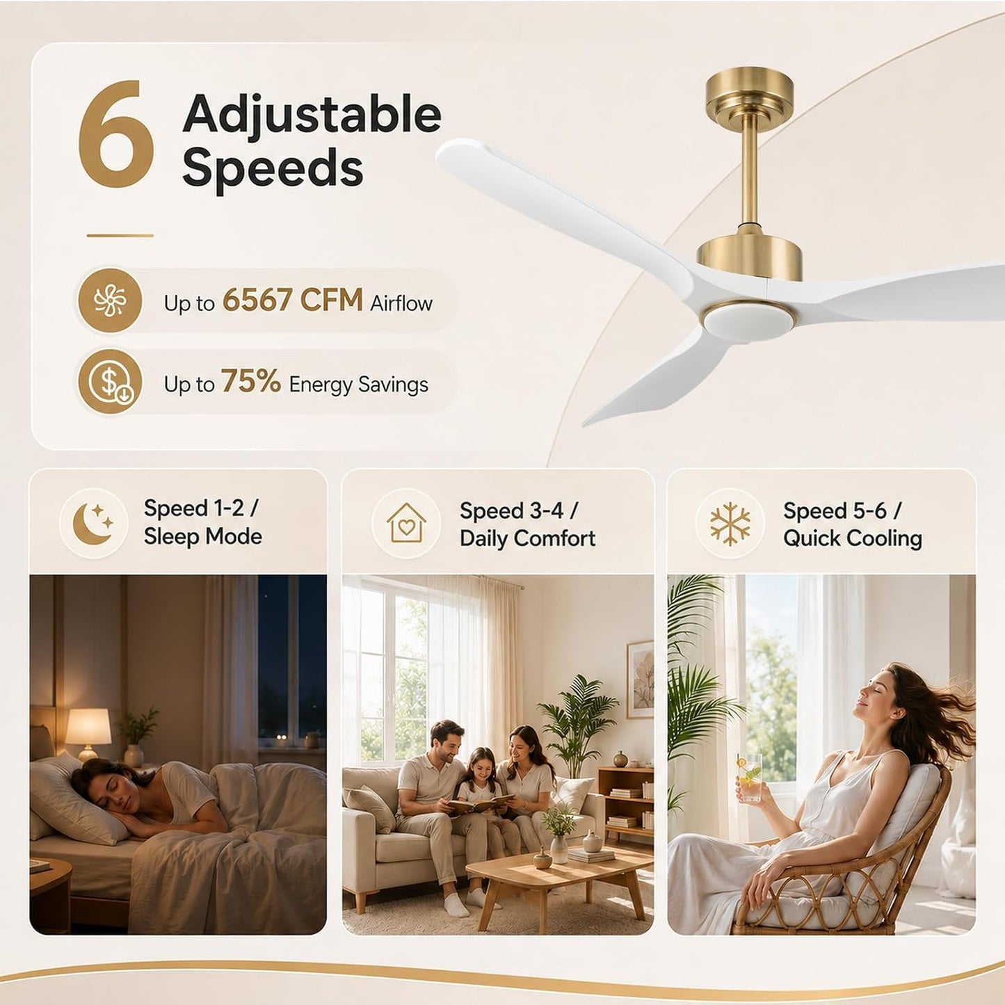 52 Inch Modern White and Gold Ceiling Fans with Lights and Remote | Quiet and Reversible DC Motor, Up to 6567 CFM, Dimmable 3-Color Ceiling Fan Light, Memory Function, for Bedroom Living Room
