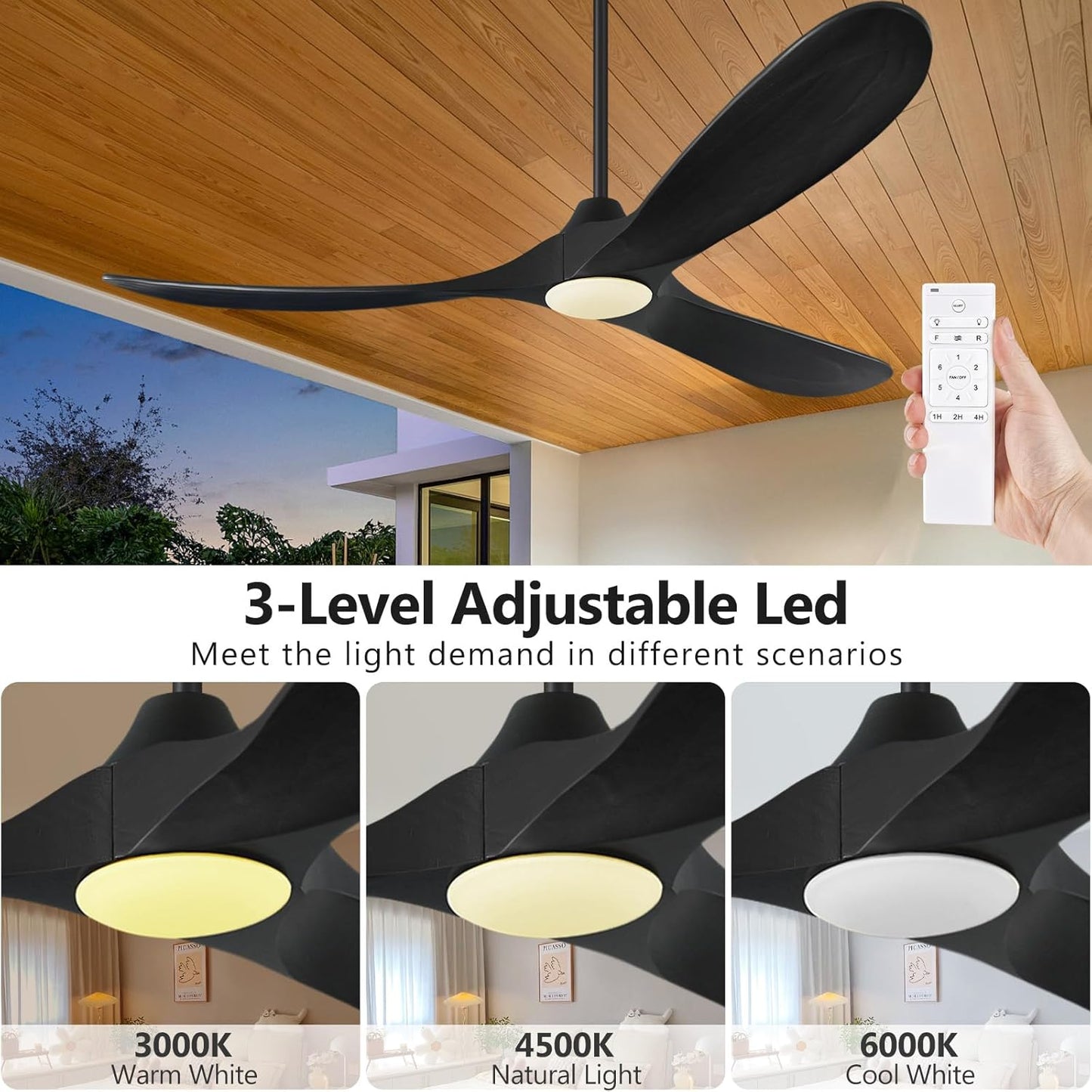 ABZ Ceiling Fans with Lights - 60 inch Propeller Ceiling Fan with Remote Control, 3 Blades Black Solid Wood Ceiling Fan for Indoor Outdoor Patio