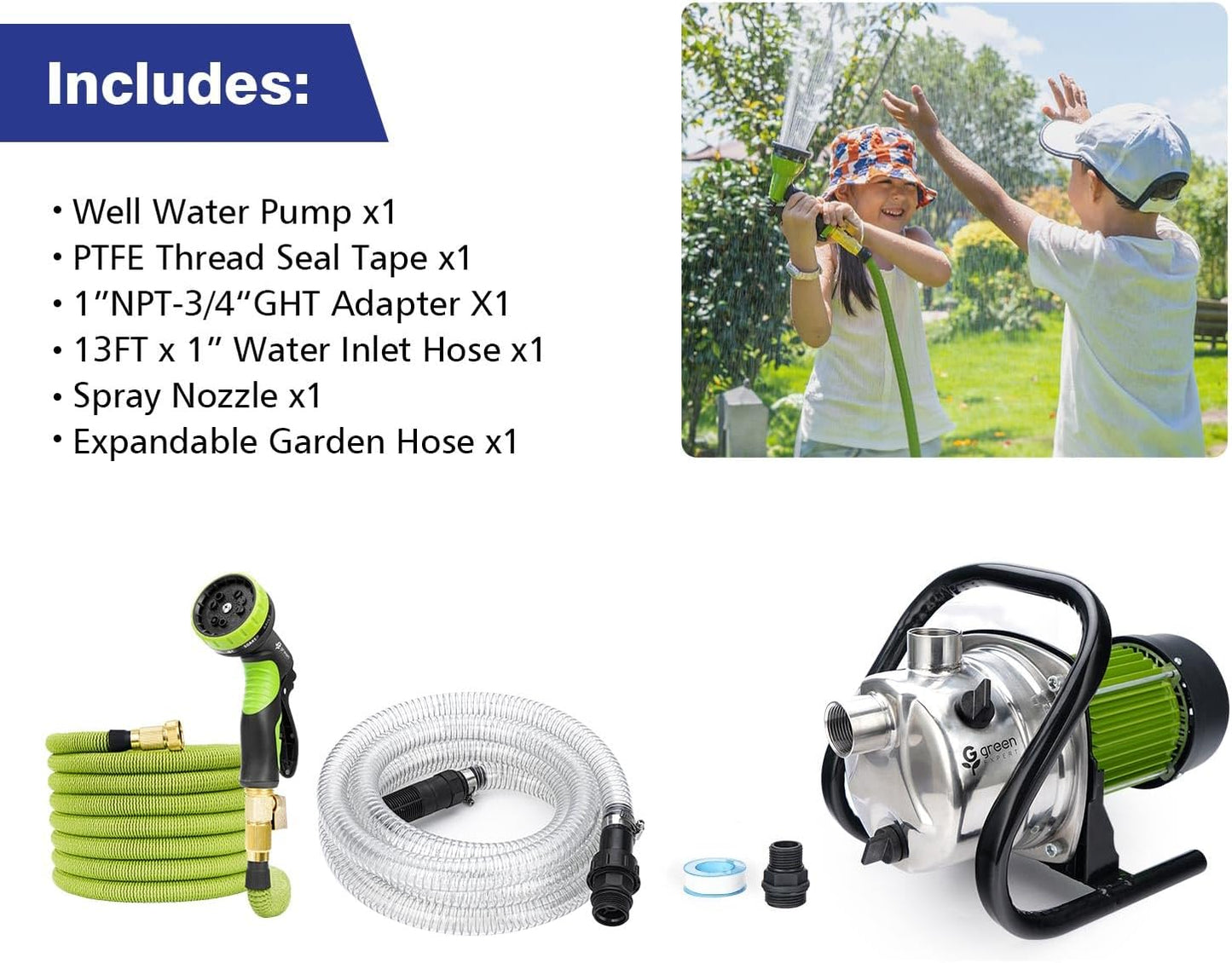 Green Expert Shallow Well Water Pump Kits Household Irrigation System Includes1.5HP Jet Pump 13FT Intake Hose 25FT Expanda