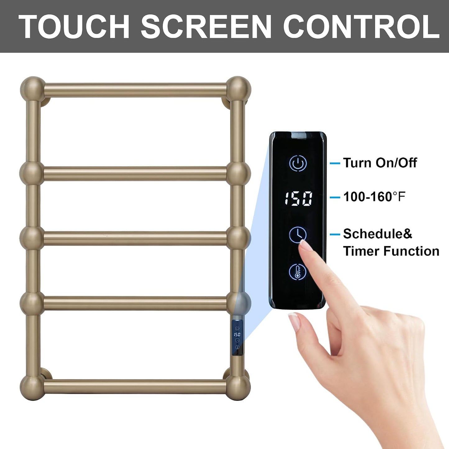 Electric Heated Towel Warmer Rack for Bathroom with Voice Control Alexa & Google Home,TUYA Wall-Mounted,Plug in,Stainless Steel,Brushed Brass,27.56 * 19.69 * 4.92 in,Sphere,Space Saving 5 Bar Brushed Brass With Wifi & Sphere