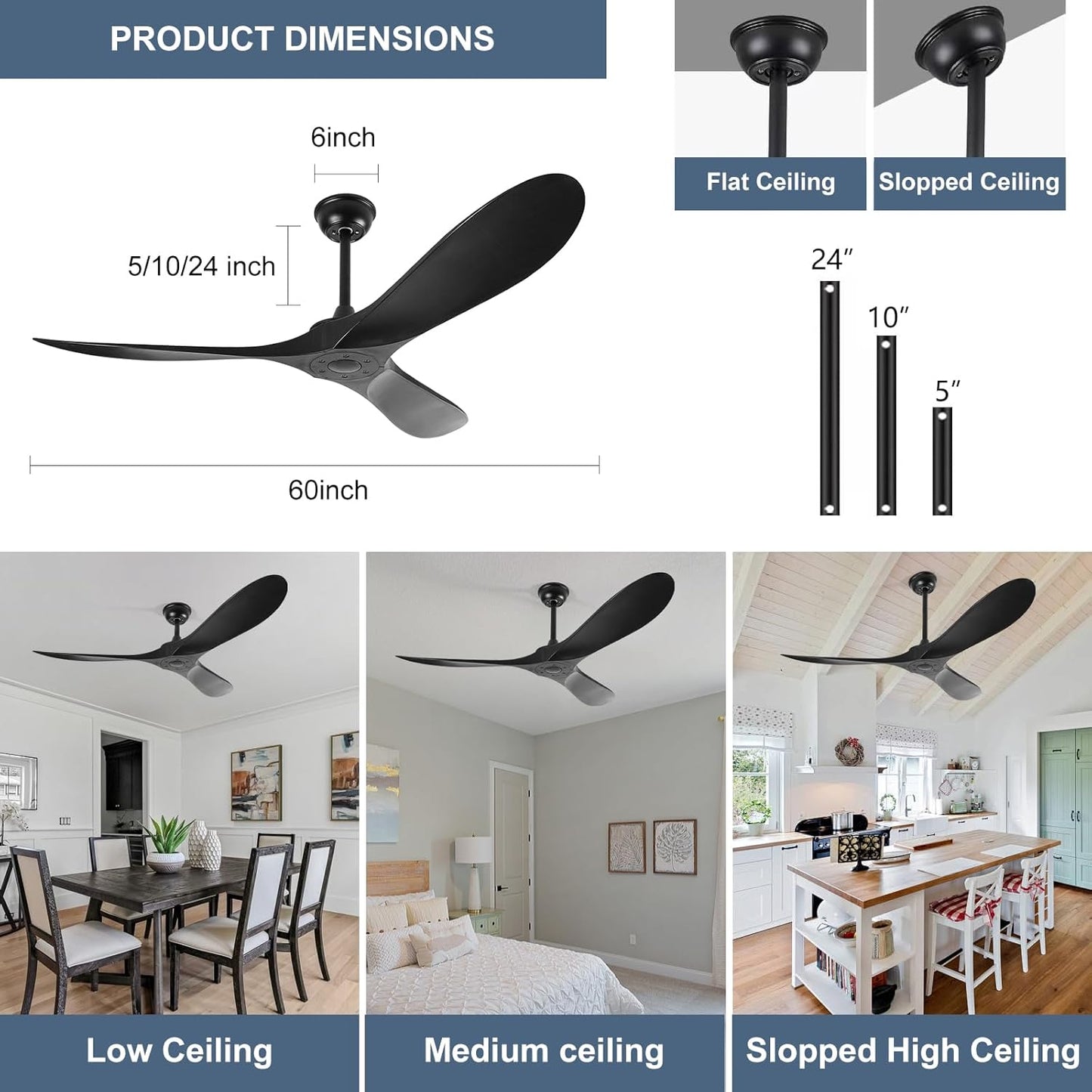 60' Ceiling Fan, No Light, with Remote Control,Outdoor Ceiling Fan with DC Reversible and Silent Motor,3 Plastic Blades,Black Ceiling Fan for